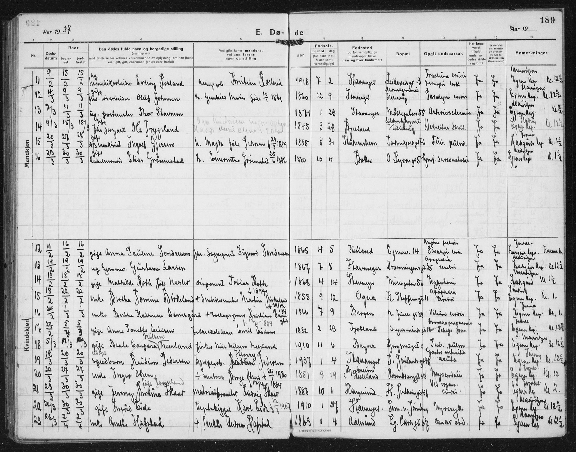 Domkirken sokneprestkontor, AV/SAST-A-101812/002/A/L0017: Parish register (official) no. A 36, 1917-1938, p. 189