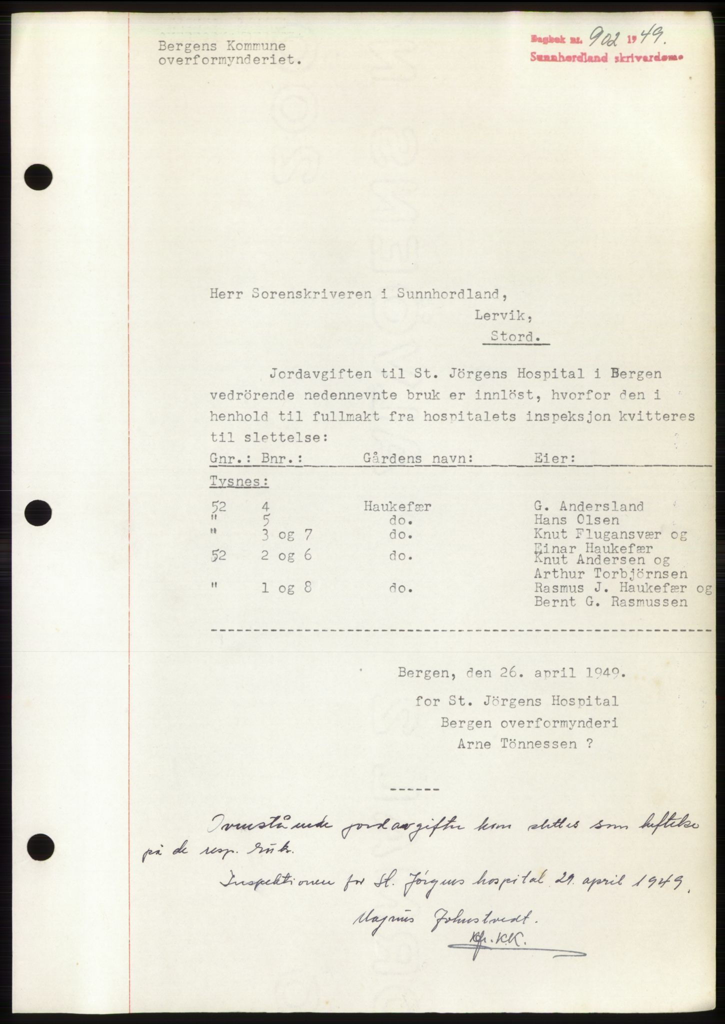 Sunnhordland sorenskrivar, AV/SAB-A-2401: Mortgage book no. B75-79, 1948-1950, Diary no: : 902/1949