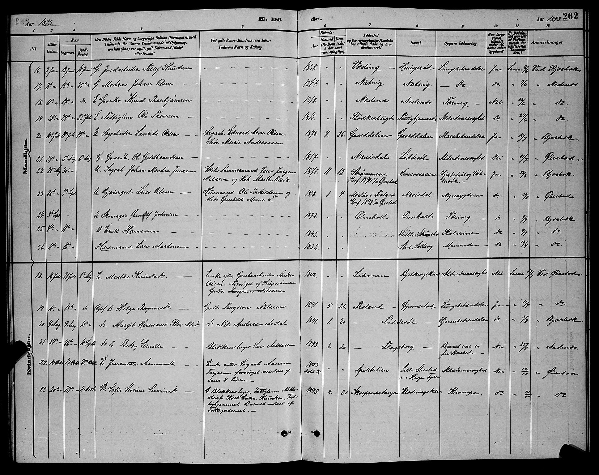 Øyestad sokneprestkontor, AV/SAK-1111-0049/F/Fb/L0009: Parish register (copy) no. B 9, 1886-1896, p. 262