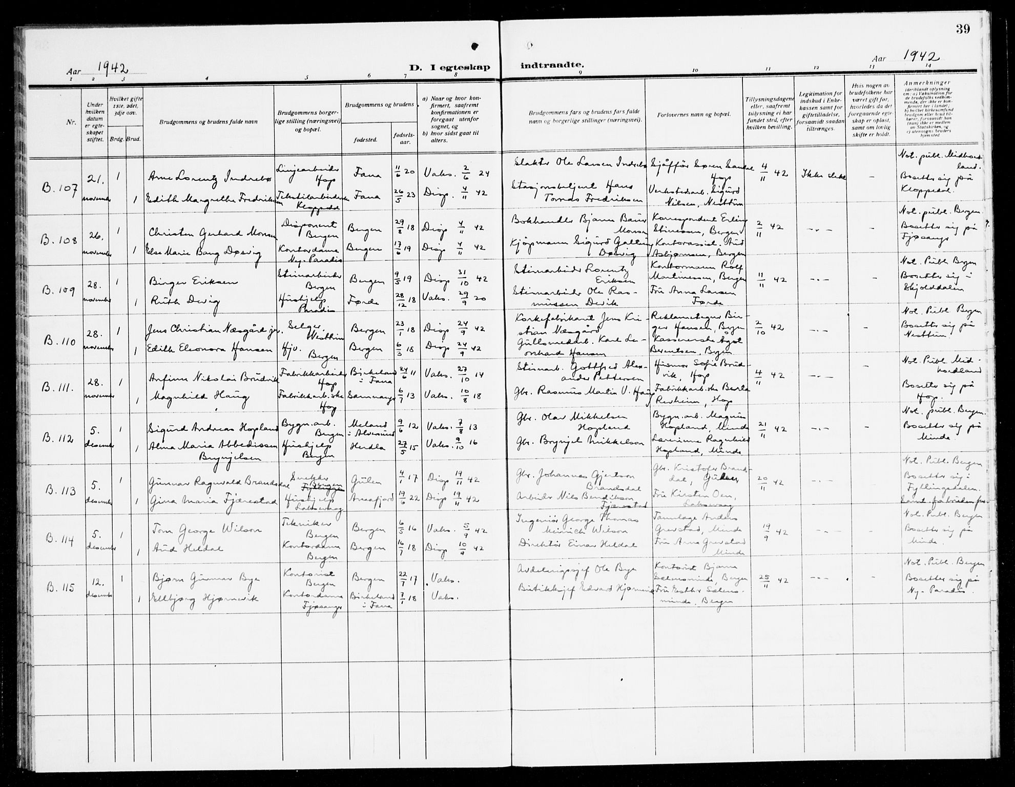 Fana Sokneprestembete, AV/SAB-A-75101/H/Haa/Haak/L0003: Parish register (official) no. K 3, 1938-1944, p. 39