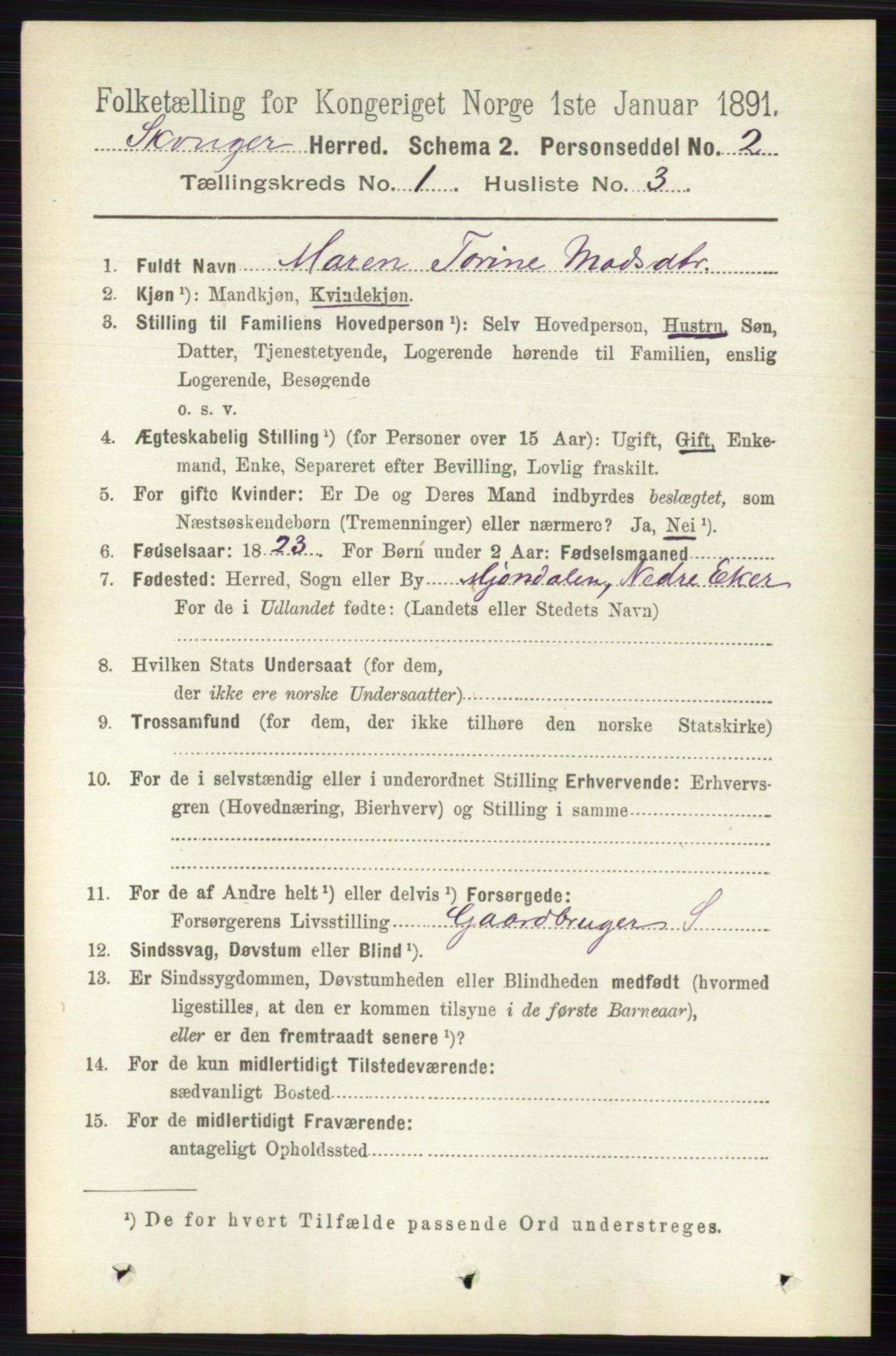 RA, 1891 census for 0712 Skoger, 1891, p. 103