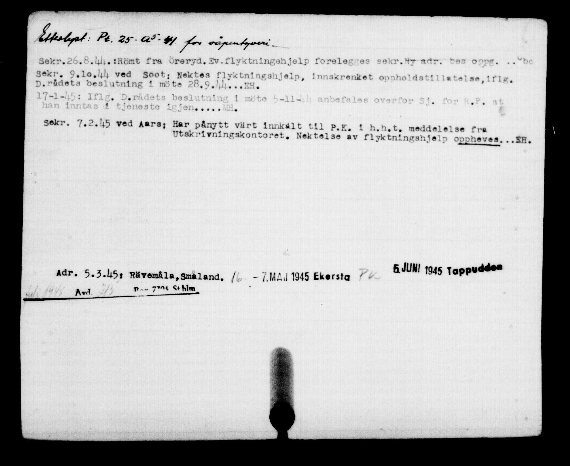 Utenriksstasjonene, Legasjonen i Stockholm, Flyktningkontoret, AV/RA-S-6753/V/Va/L0001: Kjesäterkartoteket, flyktninger med registreringsnr. 1-1000, 1940-1945, p. 355