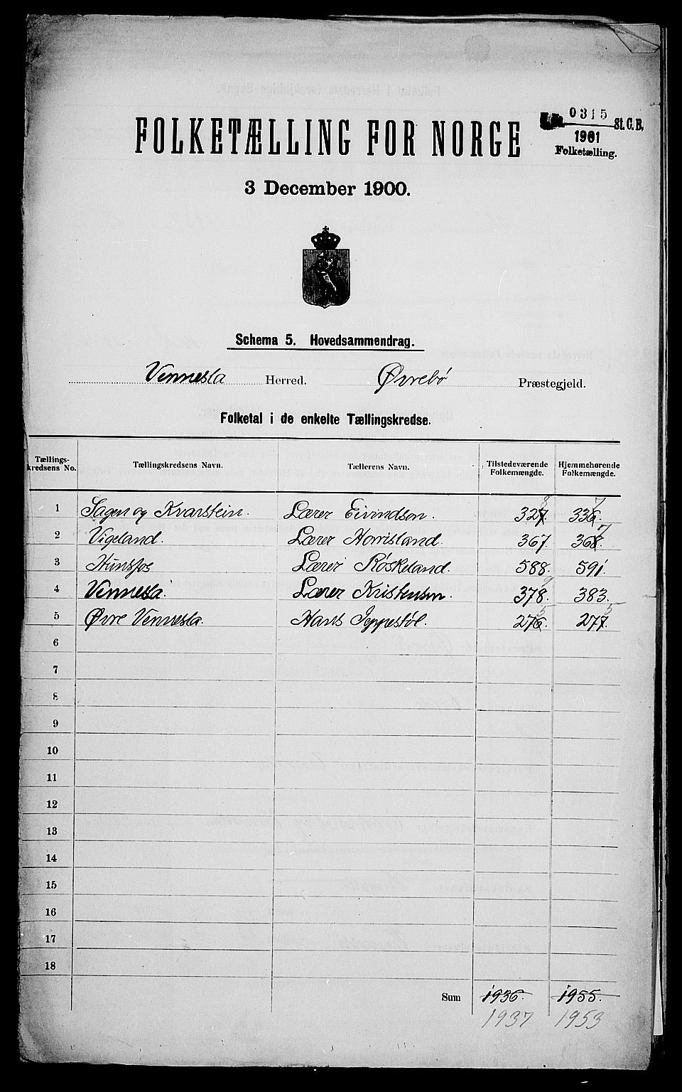 SAK, 1900 census for Vennesla, 1900, p. 2