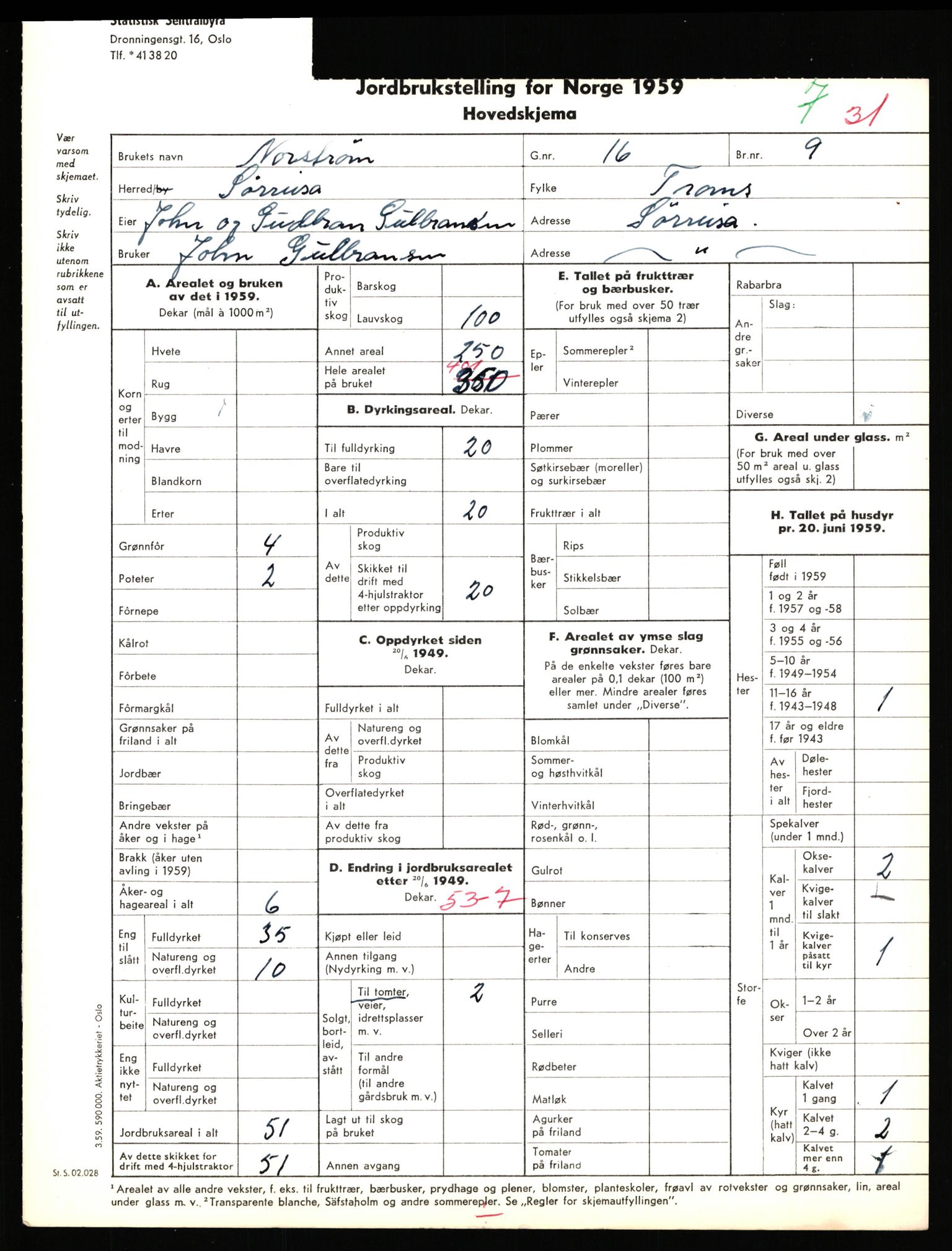 Statistisk sentralbyrå, Næringsøkonomiske emner, Jordbruk, skogbruk, jakt, fiske og fangst, AV/RA-S-2234/G/Gd/L0656: Troms: 1924 Målselv (kl. 0-3) og 1925 Sørreisa, 1959, p. 1147