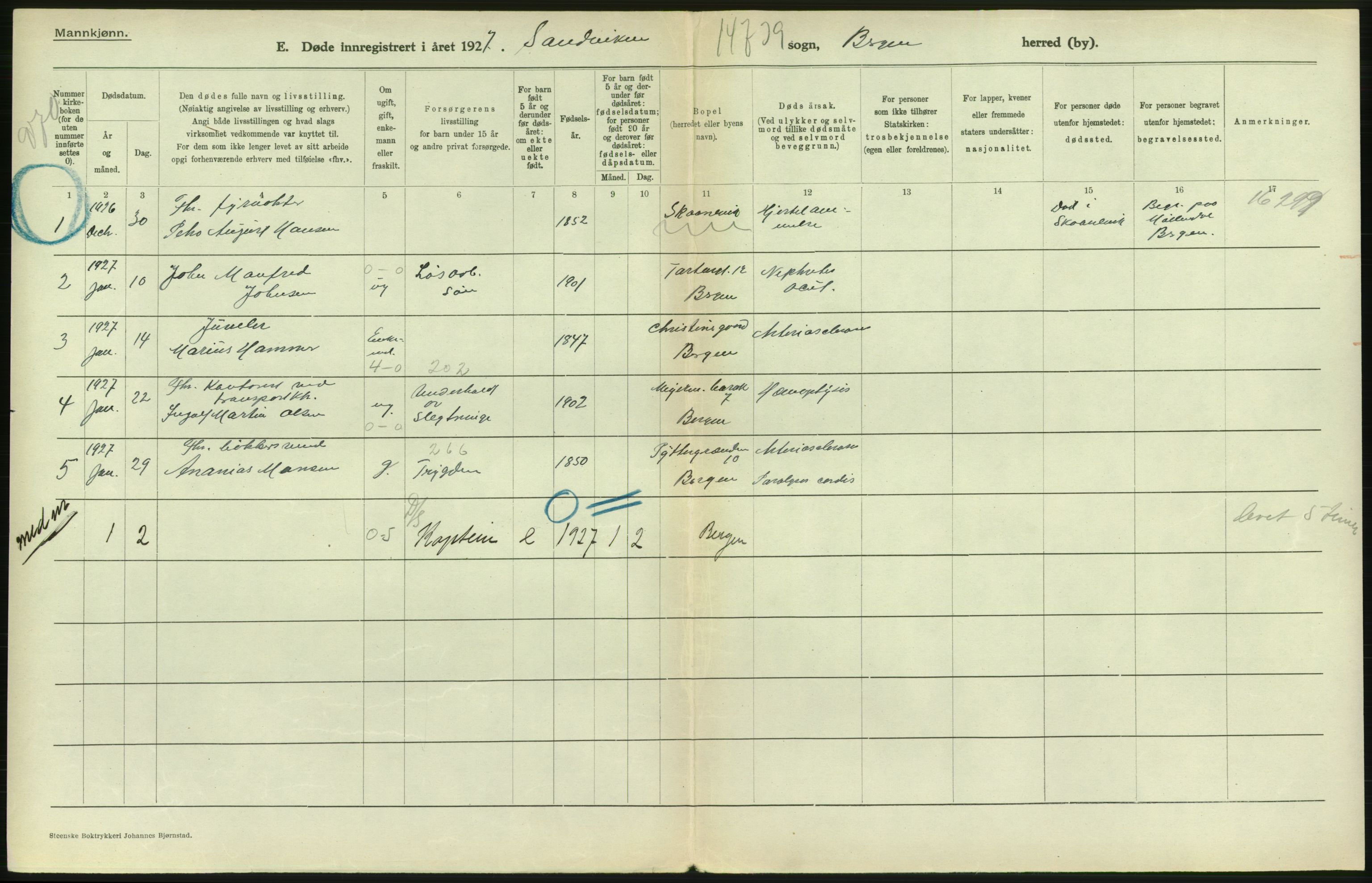 Statistisk sentralbyrå, Sosiodemografiske emner, Befolkning, RA/S-2228/D/Df/Dfc/Dfcg/L0028: Bergen: Gifte, døde., 1927, p. 684