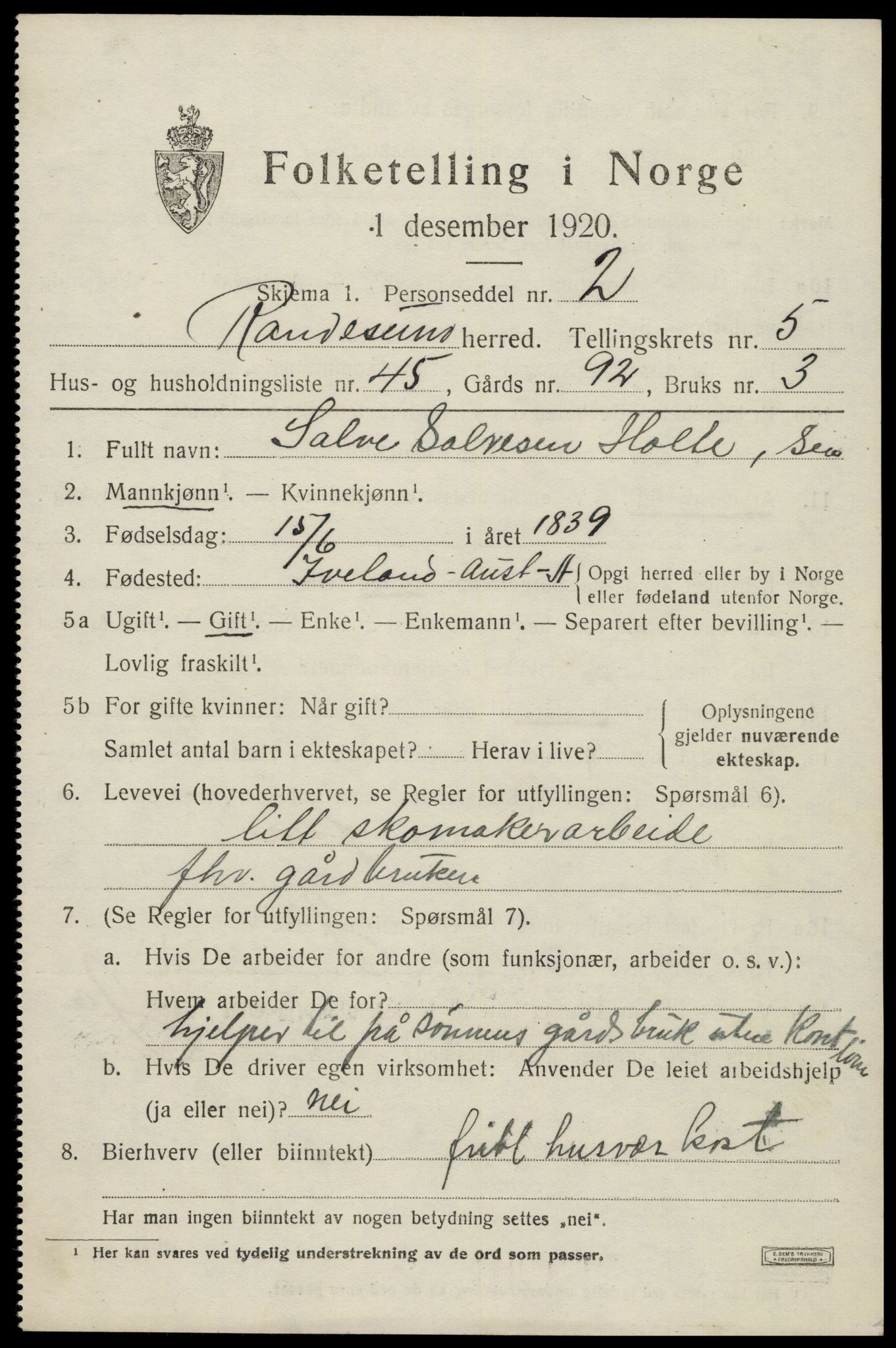 SAK, 1920 census for Randesund, 1920, p. 2738
