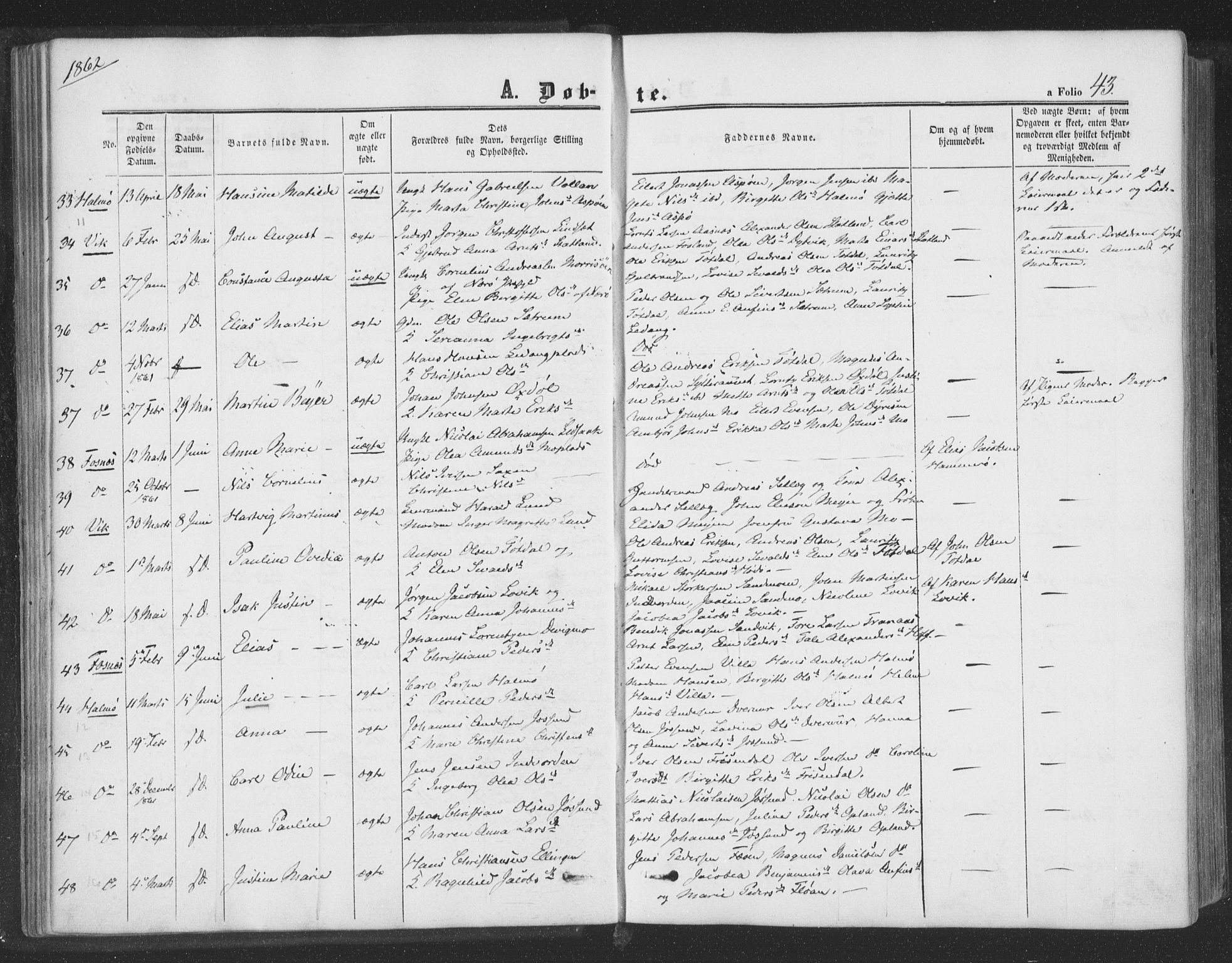 Ministerialprotokoller, klokkerbøker og fødselsregistre - Nord-Trøndelag, AV/SAT-A-1458/773/L0615: Parish register (official) no. 773A06, 1857-1870, p. 43