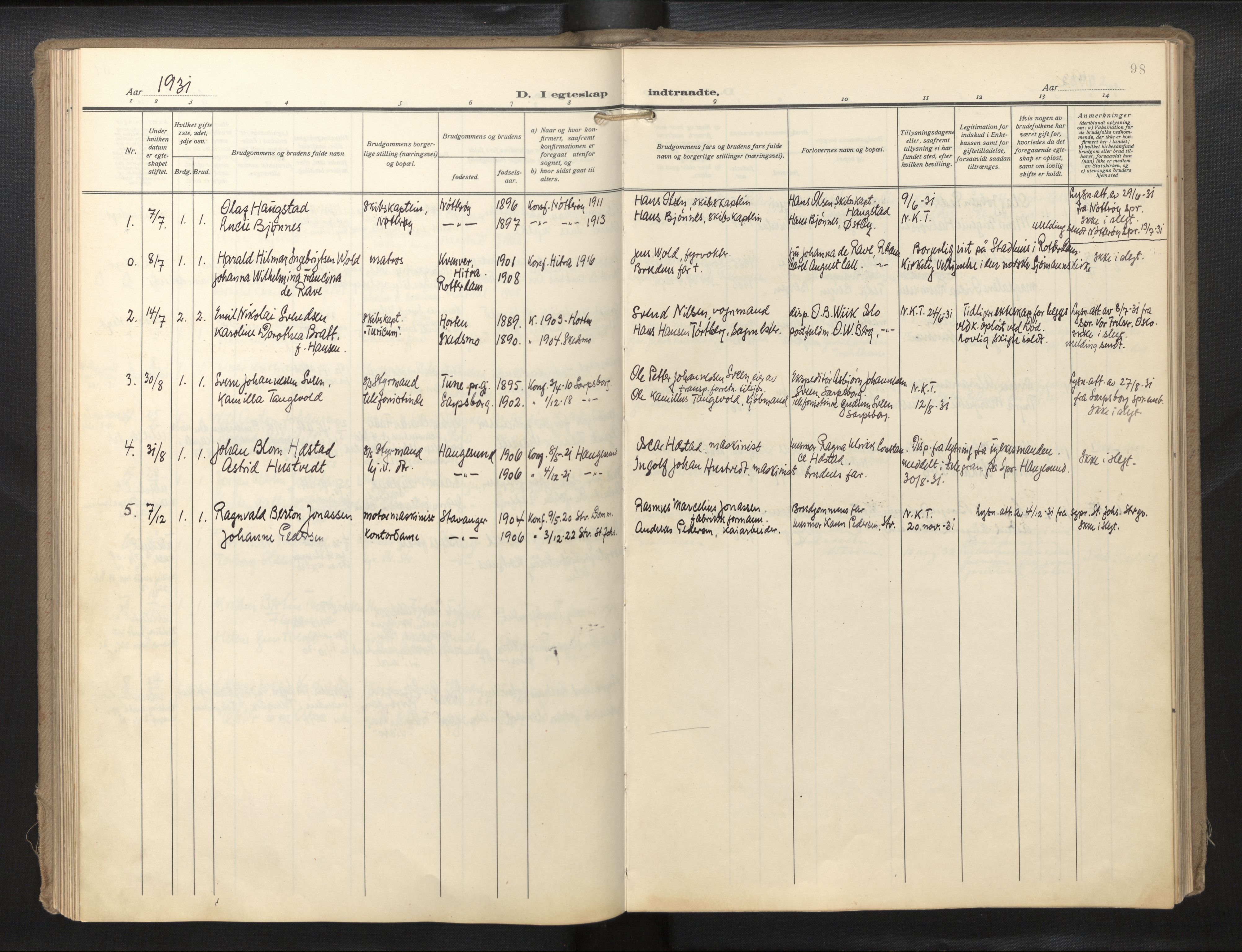 Den norske sjømannsmisjon i utlandet/Hollandske havner (Amsterdam-Rotterdam-Europort), SAB/SAB/PA-0106/H/Ha/Haa/L0004: Parish register (official) no. A 1, 1928-1956, p. 97b-98a