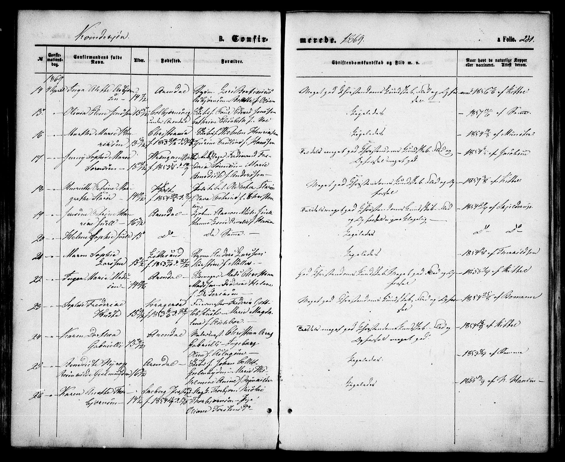 Arendal sokneprestkontor, Trefoldighet, SAK/1111-0040/F/Fa/L0007: Parish register (official) no. A 7, 1868-1878, p. 231