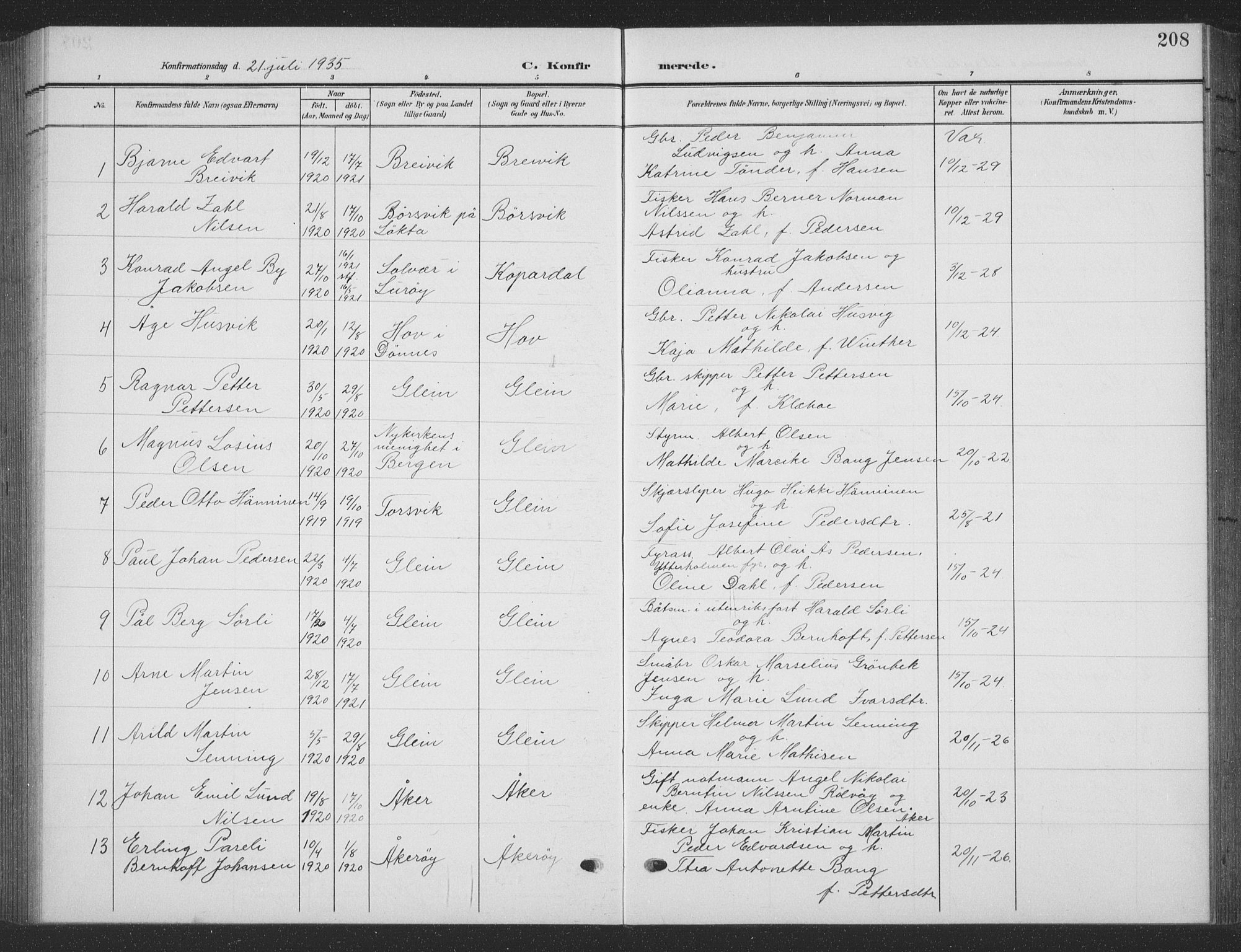 Ministerialprotokoller, klokkerbøker og fødselsregistre - Nordland, AV/SAT-A-1459/835/L0533: Parish register (copy) no. 835C05, 1906-1939, p. 208