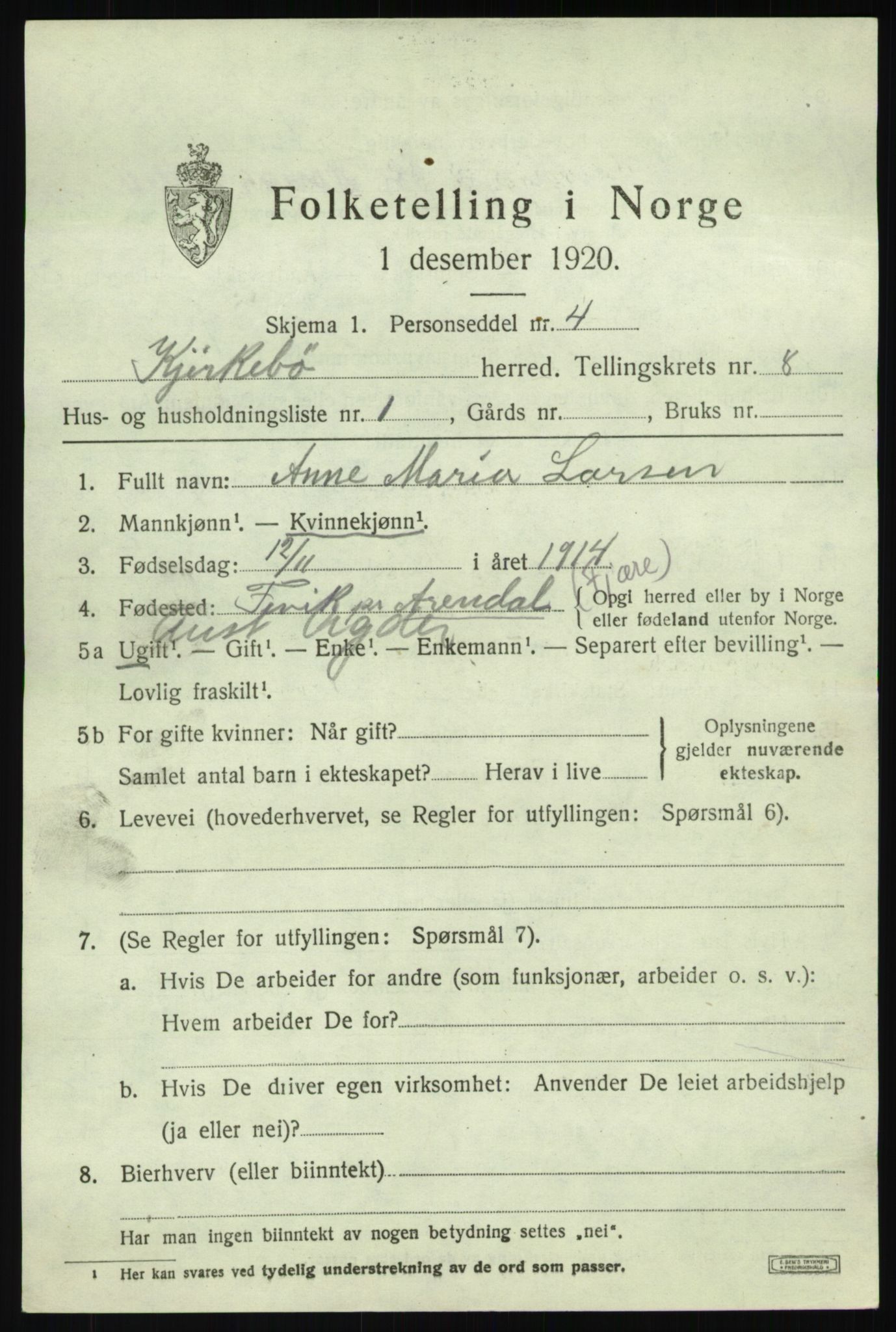 SAB, 1920 census for Kyrkjebø, 1920, p. 3679