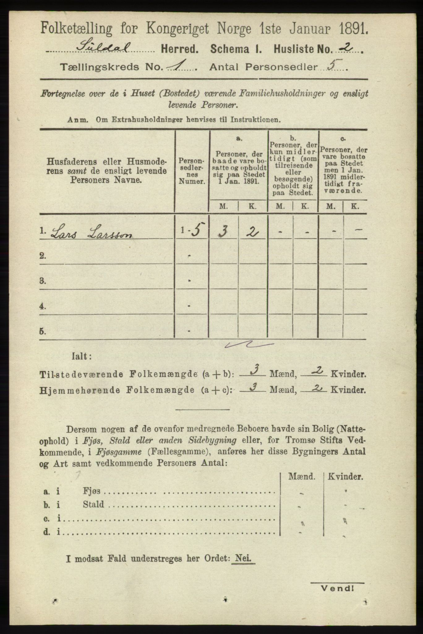 RA, 1891 census for 1134 Suldal, 1891, p. 26