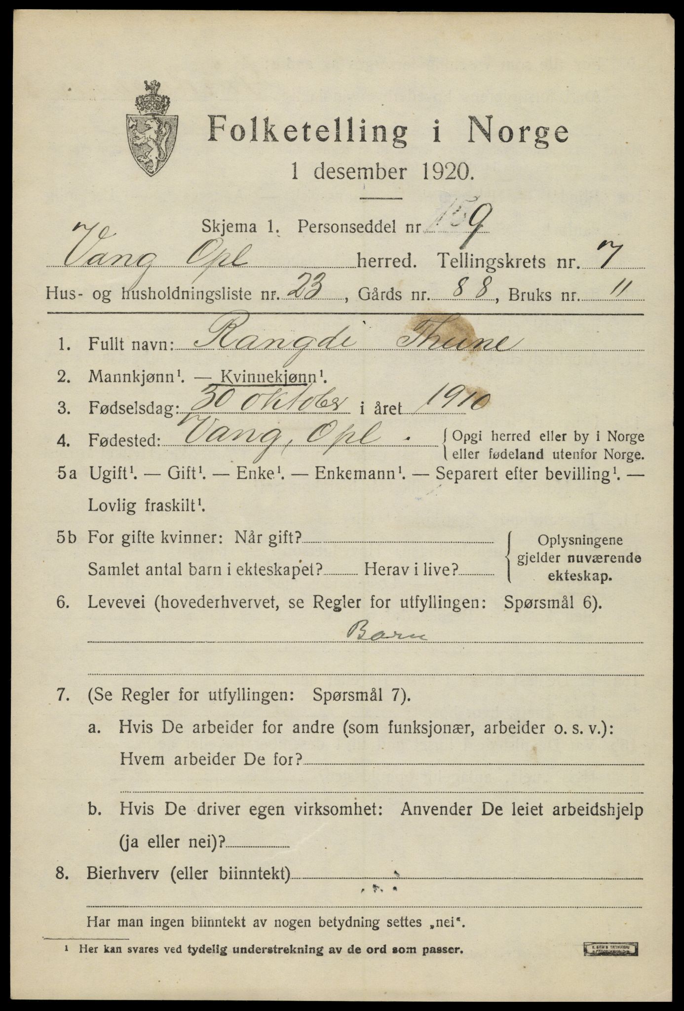 SAH, 1920 census for Vang (Oppland), 1920, p. 3381
