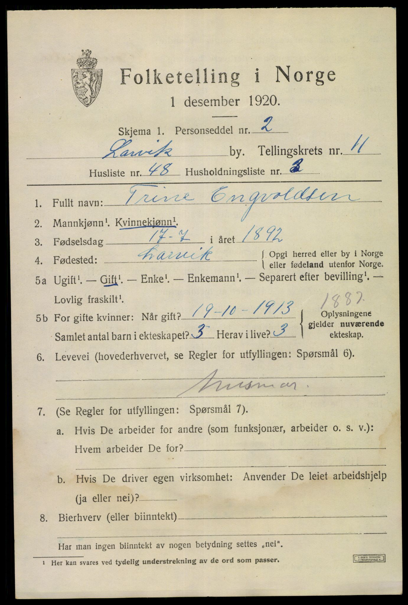 SAKO, 1920 census for Larvik, 1920, p. 29288