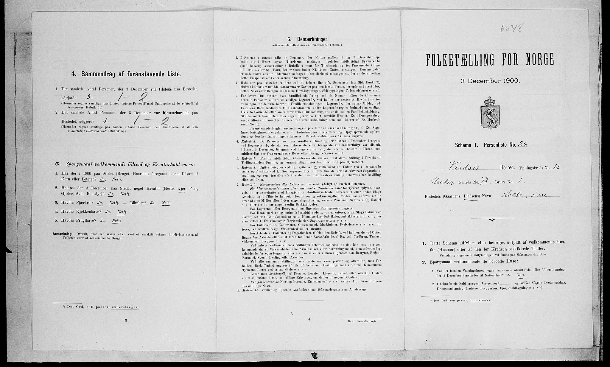 SAH, 1900 census for Vardal, 1900, p. 1274