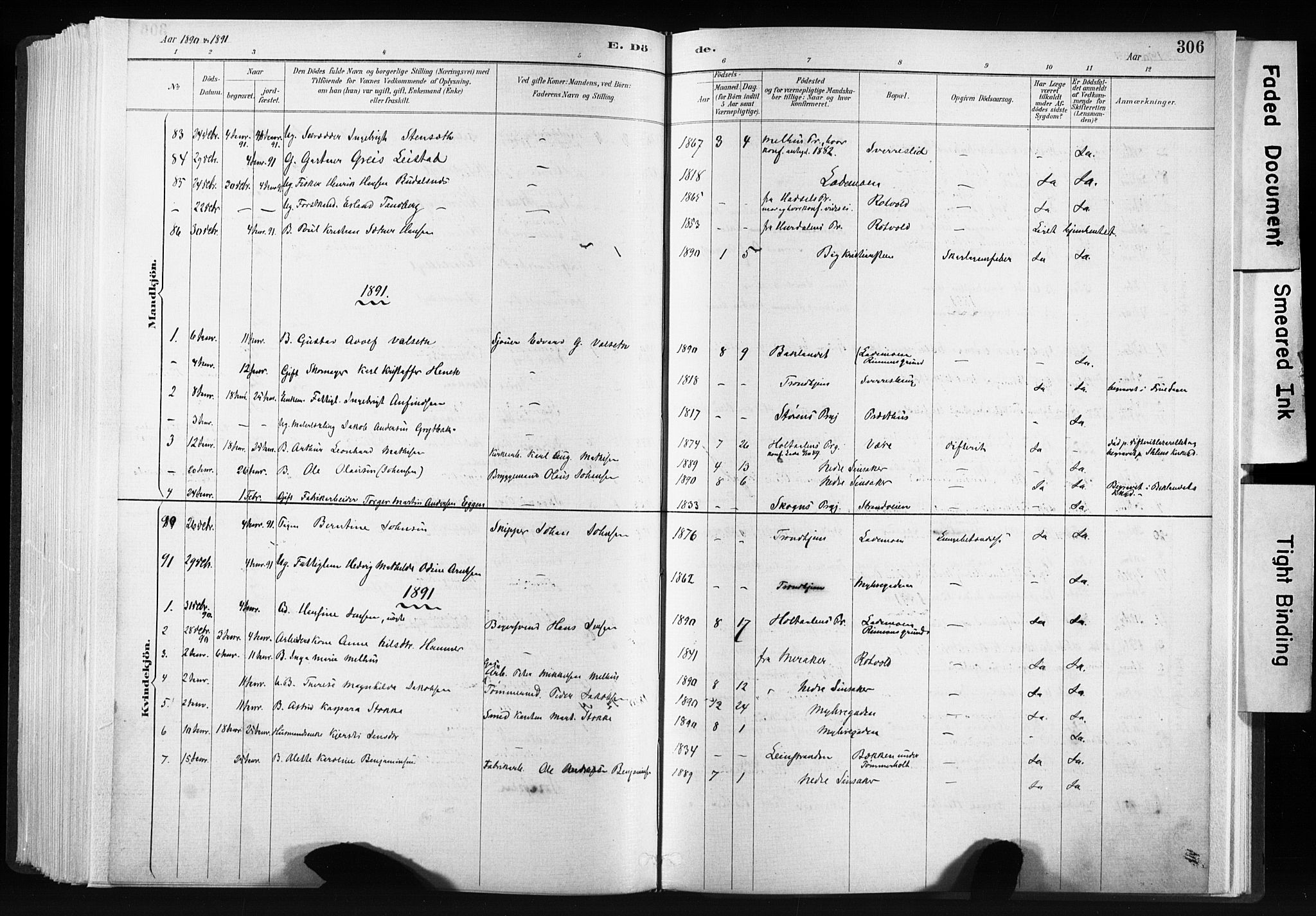 Ministerialprotokoller, klokkerbøker og fødselsregistre - Sør-Trøndelag, SAT/A-1456/606/L0300: Parish register (official) no. 606A15, 1886-1893, p. 306
