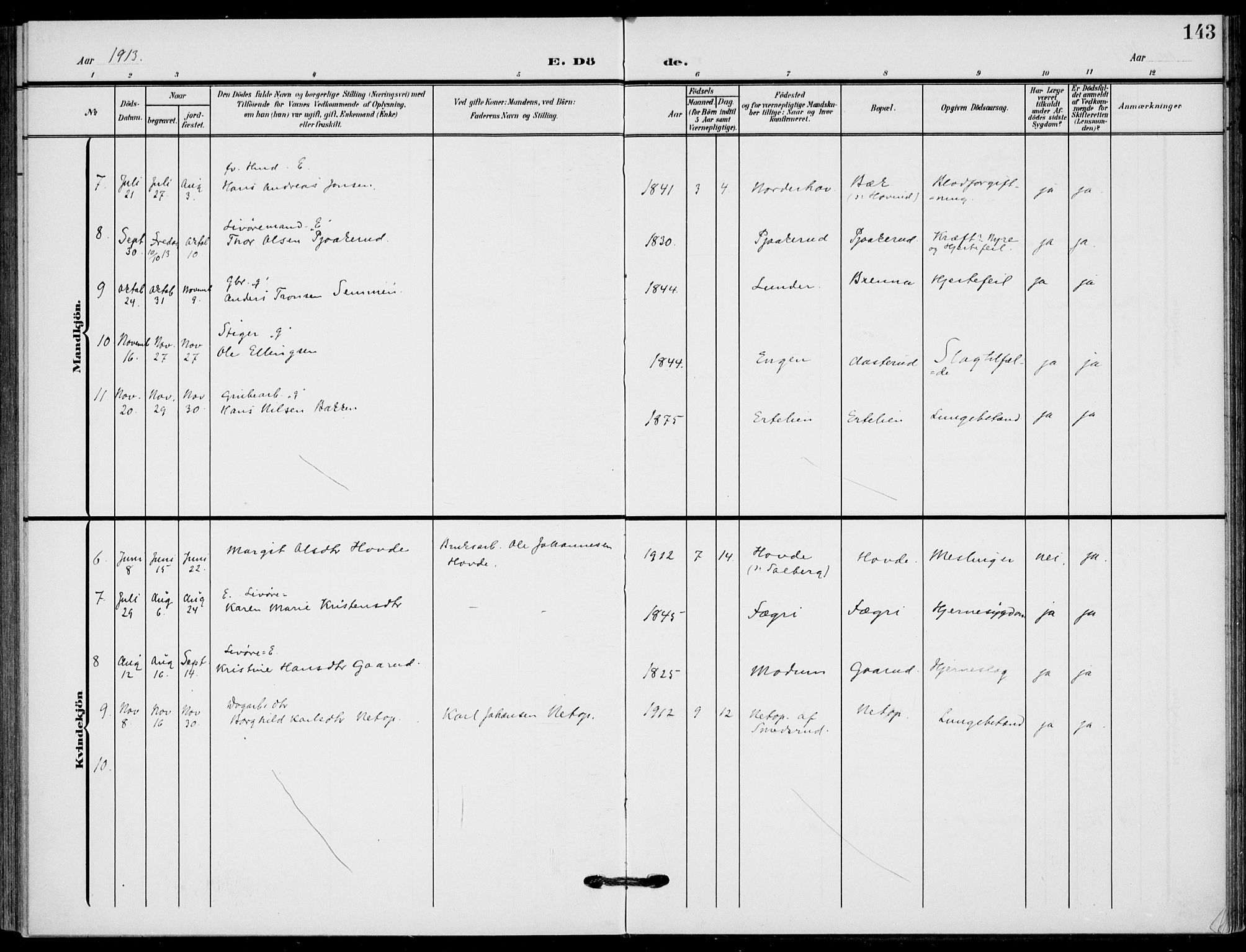 Hole kirkebøker, SAKO/A-228/F/Fb/L0003: Parish register (official) no. II 3, 1906-1916, p. 143