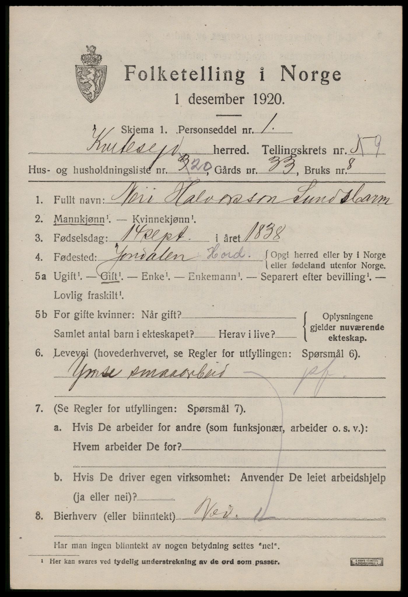 SAKO, 1920 census for Kviteseid, 1920, p. 4383
