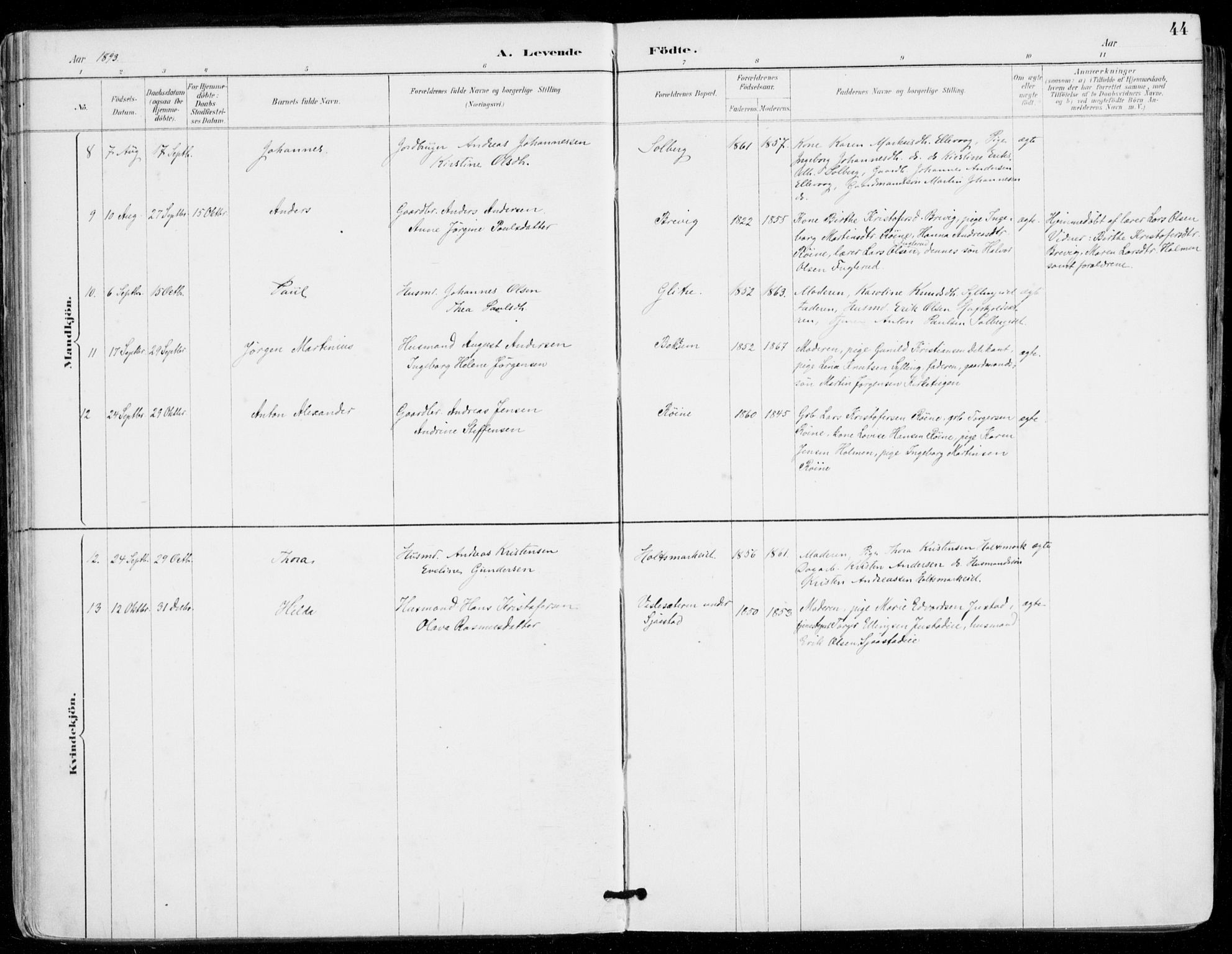 Sylling kirkebøker, AV/SAKO-A-247/F/Fa/L0001: Parish register (official) no. 1, 1883-1910, p. 44