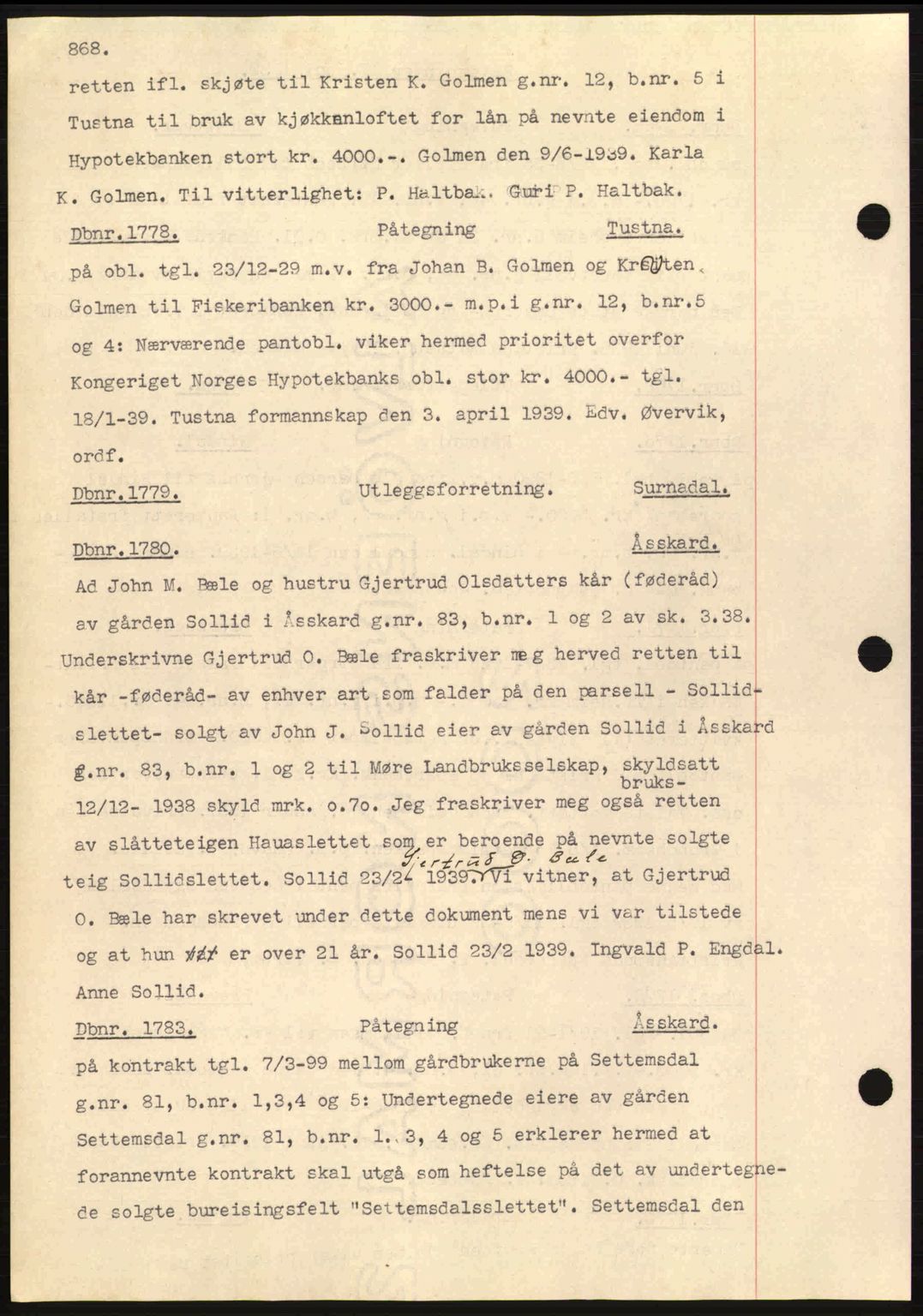 Nordmøre sorenskriveri, AV/SAT-A-4132/1/2/2Ca: Mortgage book no. C80, 1936-1939, Diary no: : 1778/1939