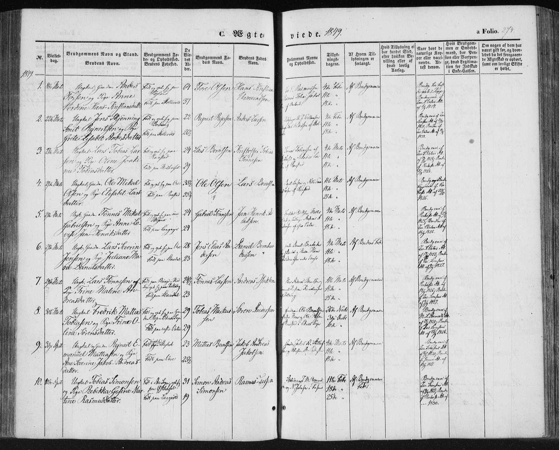 Lista sokneprestkontor, SAK/1111-0027/F/Fa/L0010: Parish register (official) no. A 10, 1846-1861, p. 274