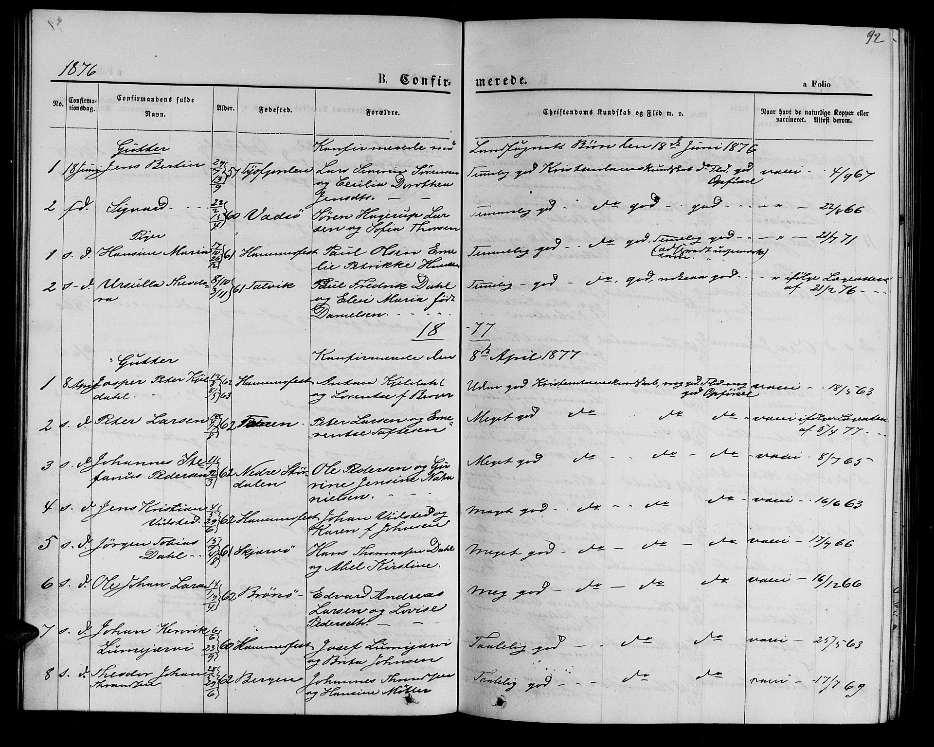 Hammerfest sokneprestkontor, SATØ/S-1347/H/Hb/L0004.klokk: Parish register (copy) no. 4, 1869-1877, p. 92