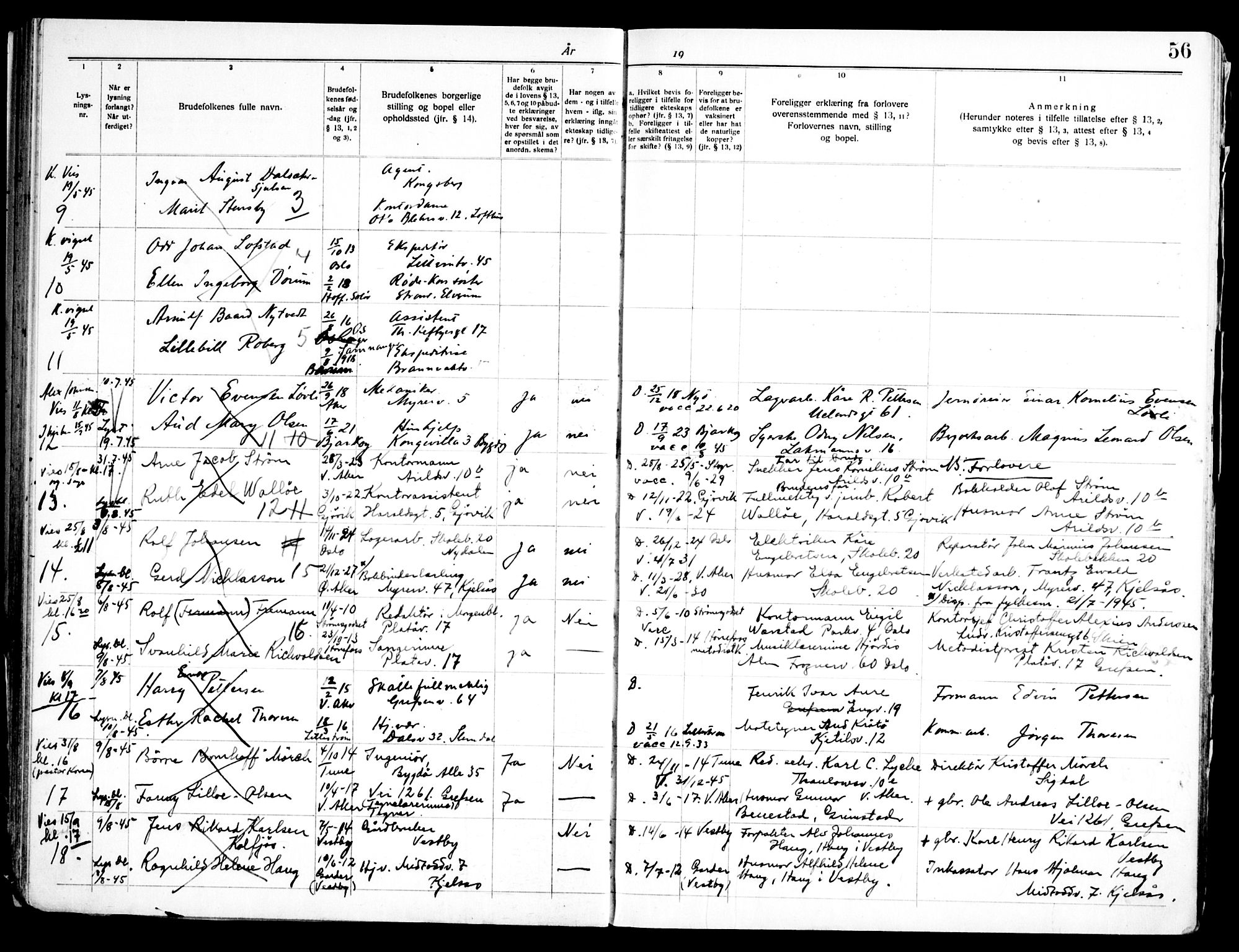 Grefsen prestekontor Kirkebøker, SAO/A-10237a/H/Ha/L0001: Banns register no. 1, 1933-1950, p. 56