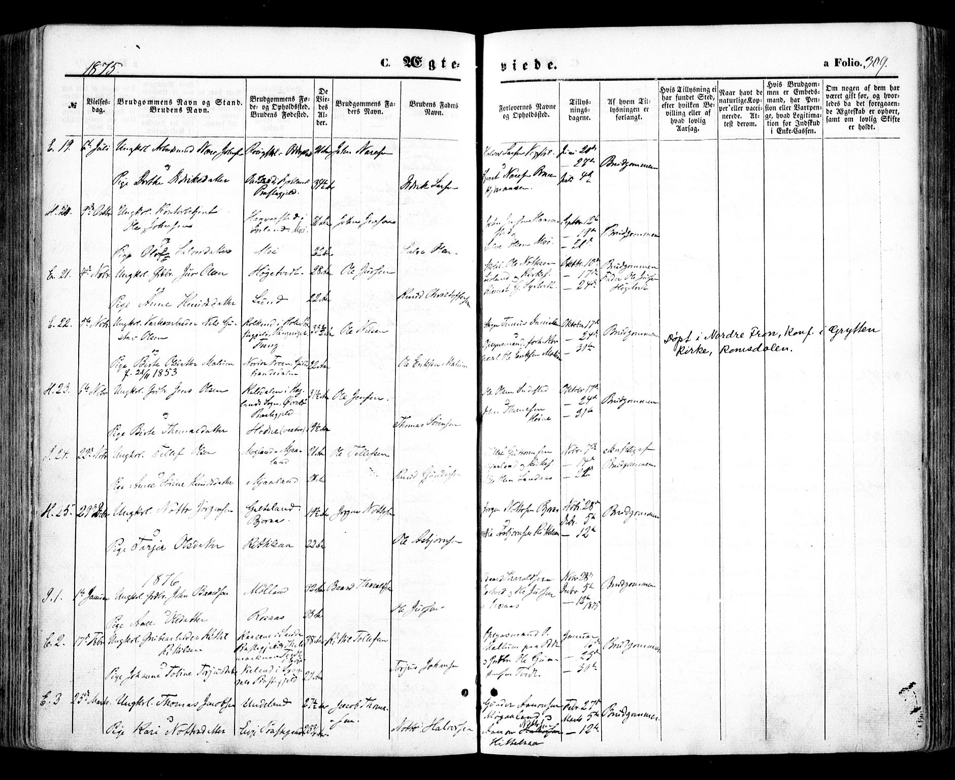 Evje sokneprestkontor, AV/SAK-1111-0008/F/Fa/Faa/L0006: Parish register (official) no. A 6, 1866-1884, p. 309