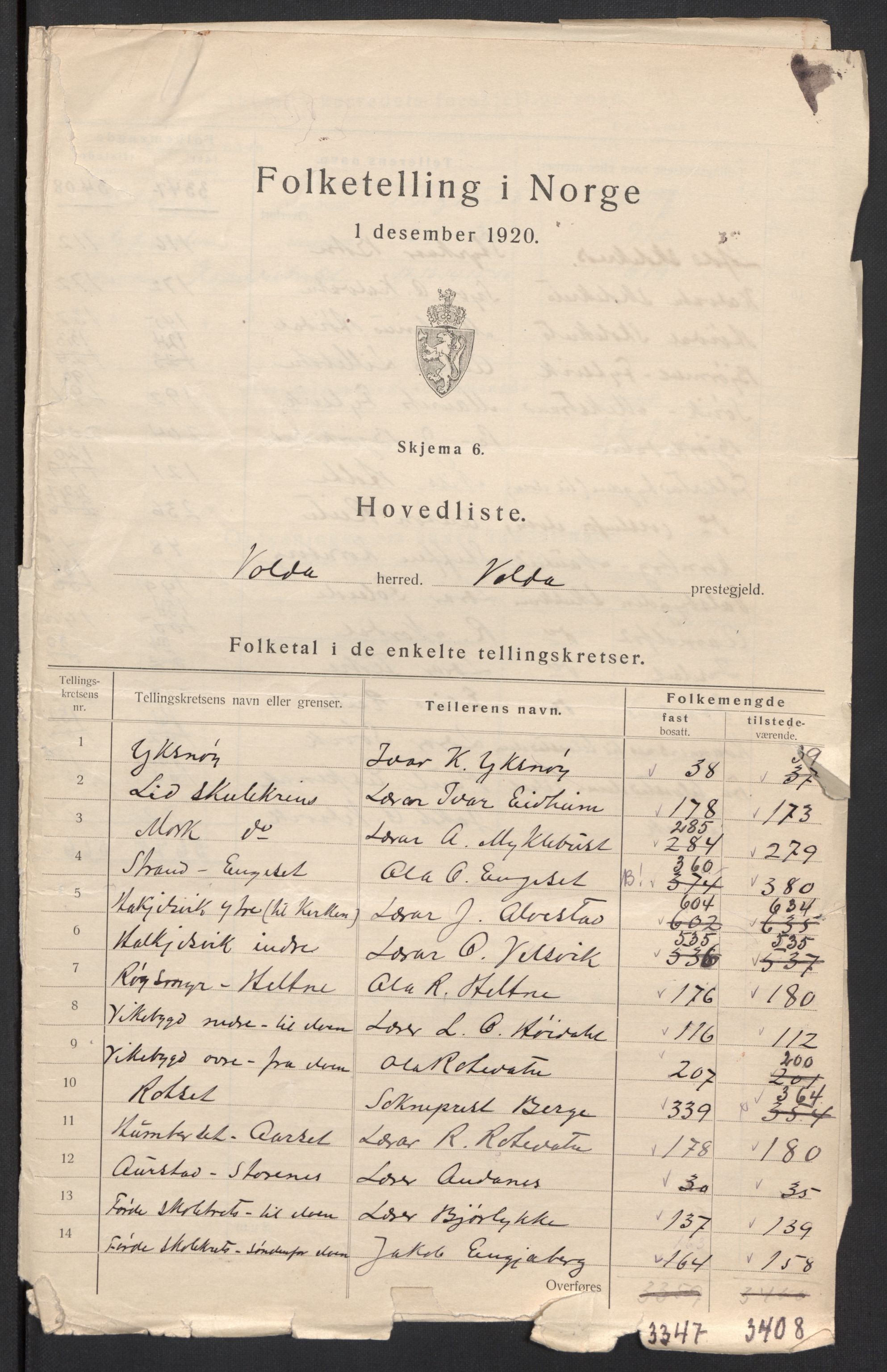 SAT, 1920 census for Volda, 1920, p. 3