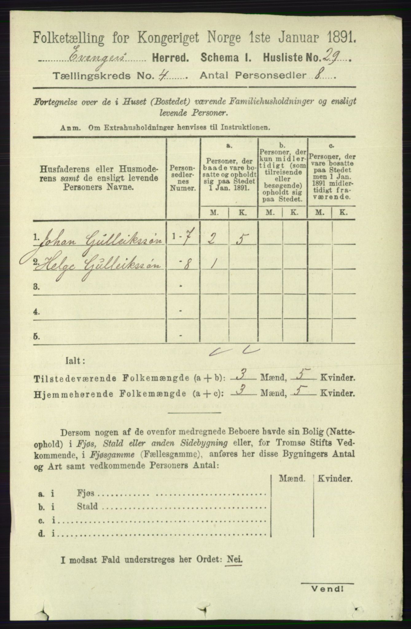 RA, 1891 census for 1237 Evanger, 1891, p. 1135