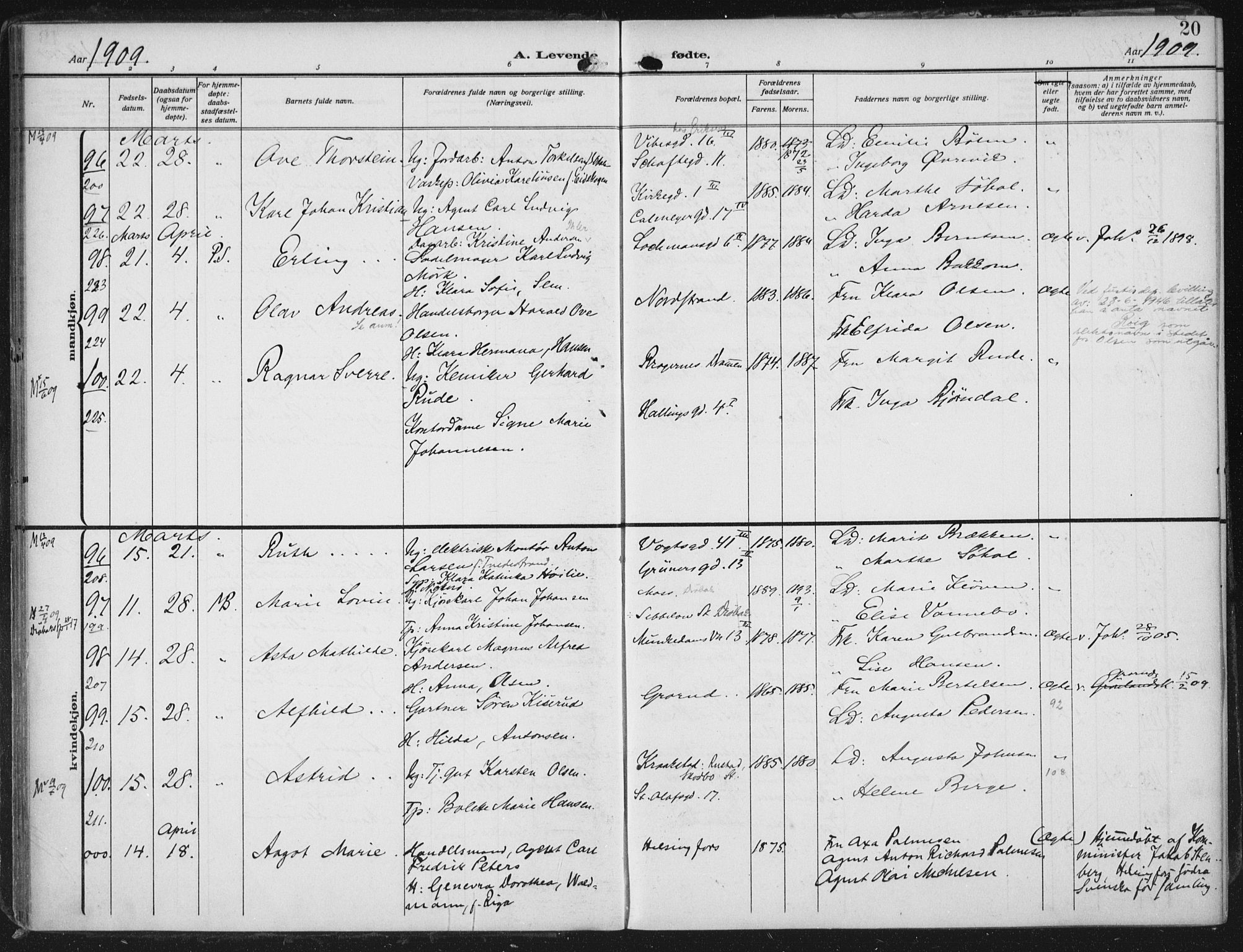 Rikshospitalet prestekontor Kirkebøker, AV/SAO-A-10309b/F/L0014: Parish register (official) no. 14, 1909-1912, p. 20