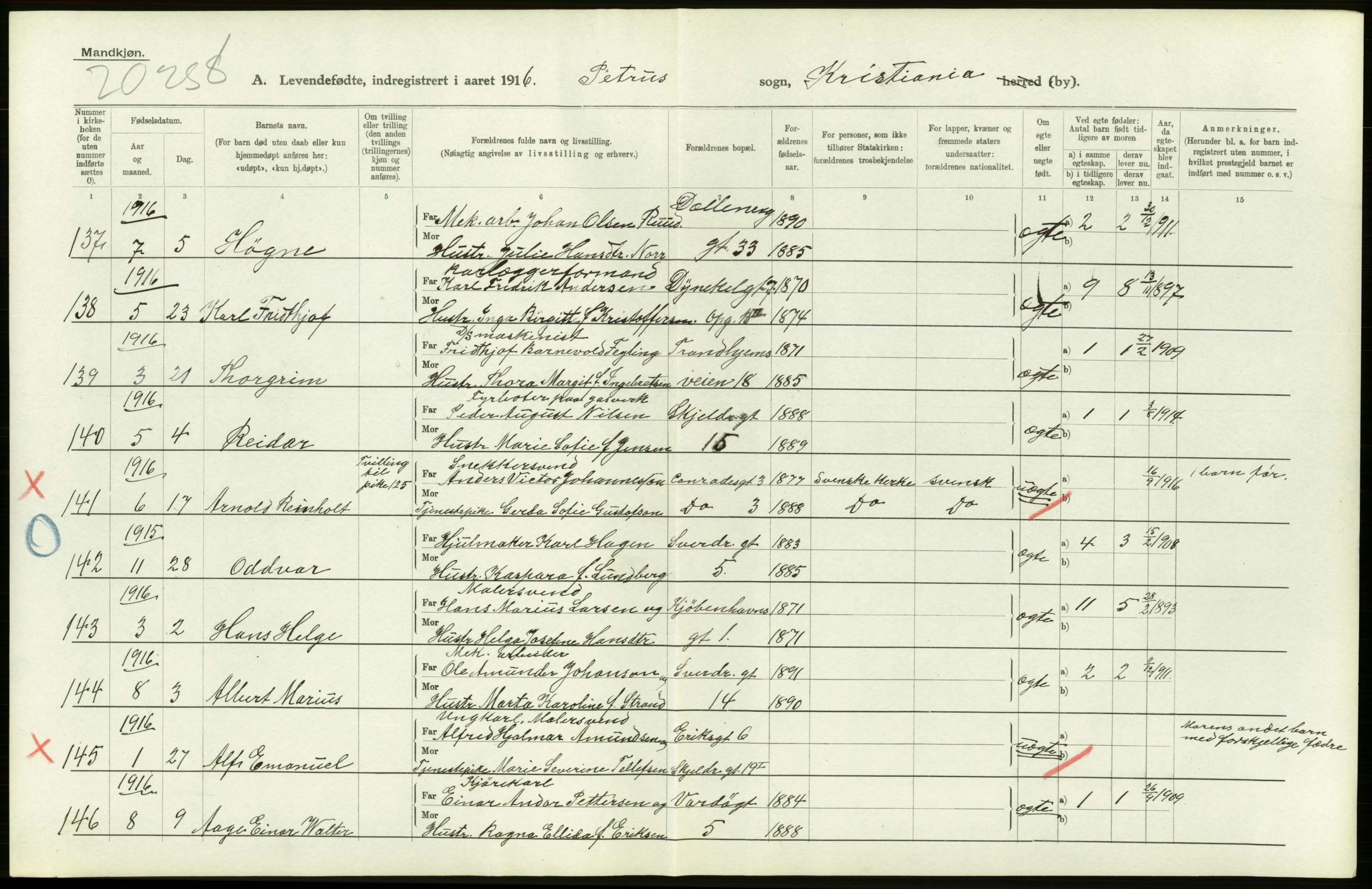 Statistisk sentralbyrå, Sosiodemografiske emner, Befolkning, AV/RA-S-2228/D/Df/Dfb/Dfbf/L0006: Kristiania: Levendefødte menn og kvinner., 1916, p. 578