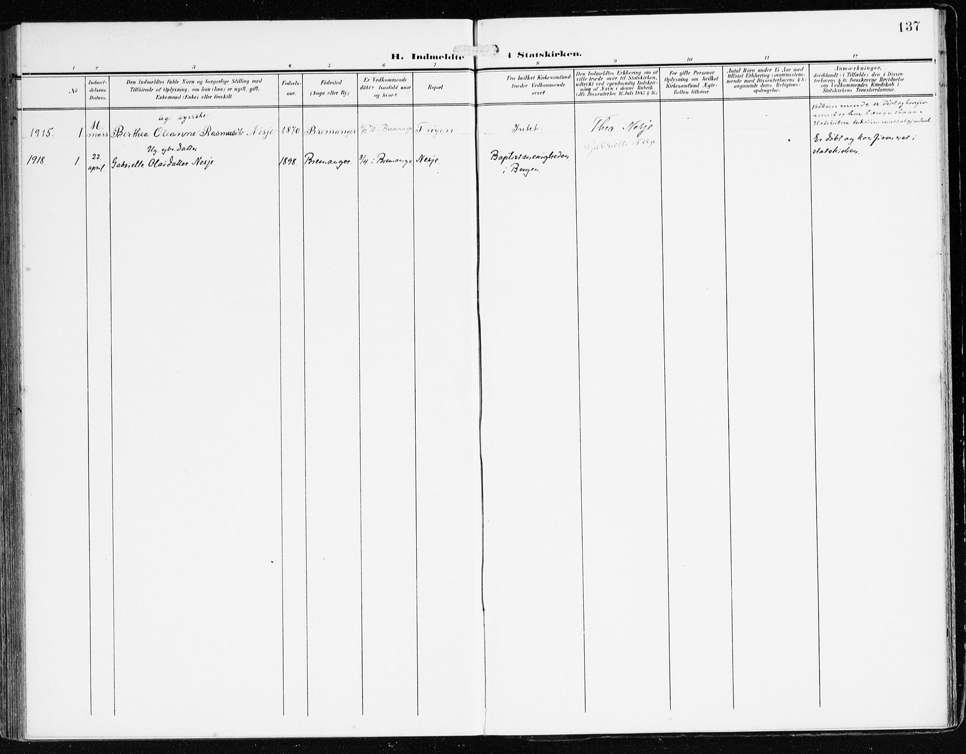 Bremanger sokneprestembete, SAB/A-82201/H/Haa/Haab/L0003: Parish register (official) no. B 3, 1908-1925, p. 137