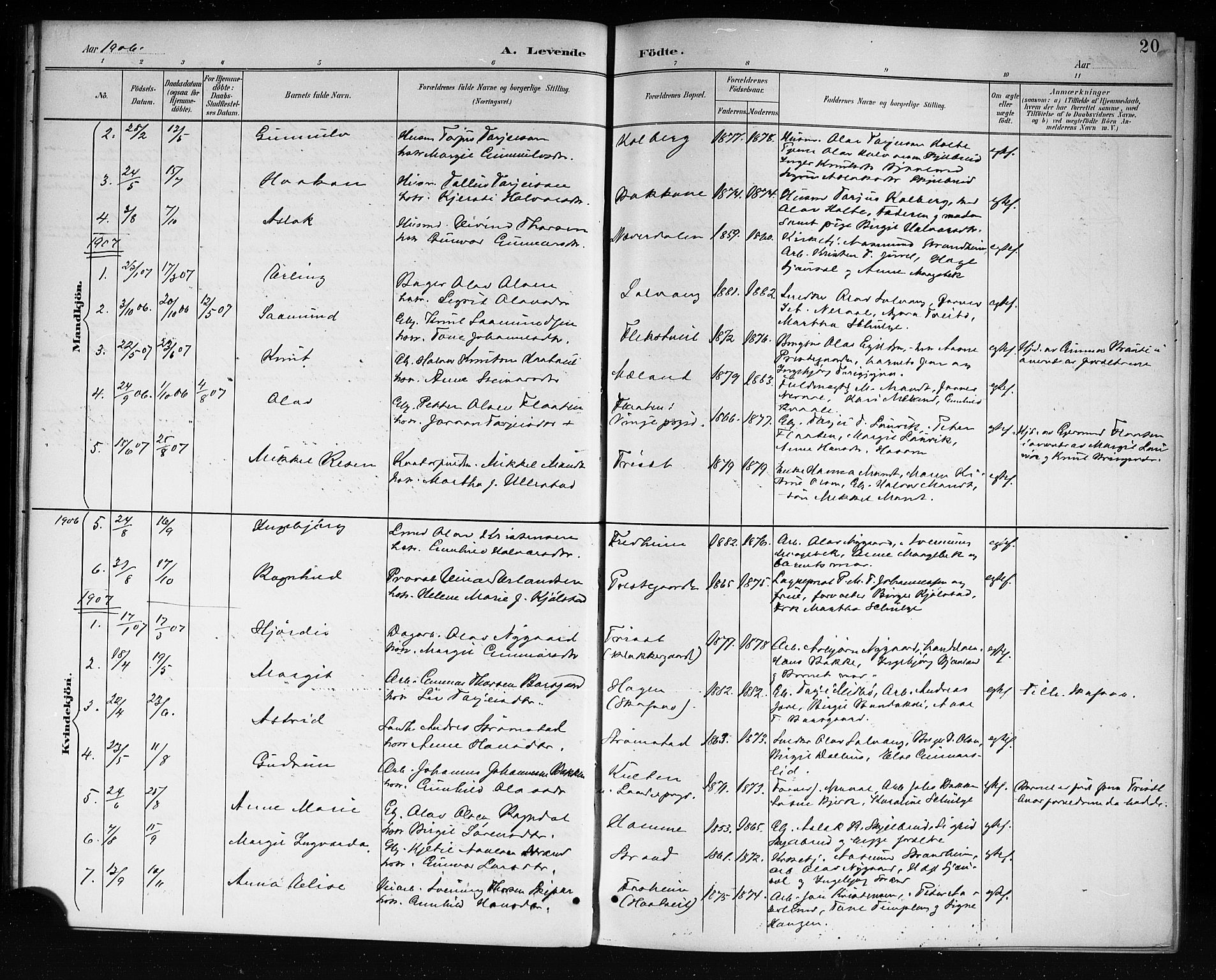 Lårdal kirkebøker, SAKO/A-284/G/Ga/L0003: Parish register (copy) no. I 3, 1891-1918, p. 20