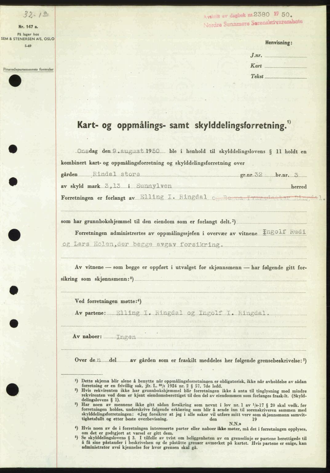 Nordre Sunnmøre sorenskriveri, AV/SAT-A-0006/1/2/2C/2Ca: Mortgage book no. A36, 1950-1950, Diary no: : 2380/1950