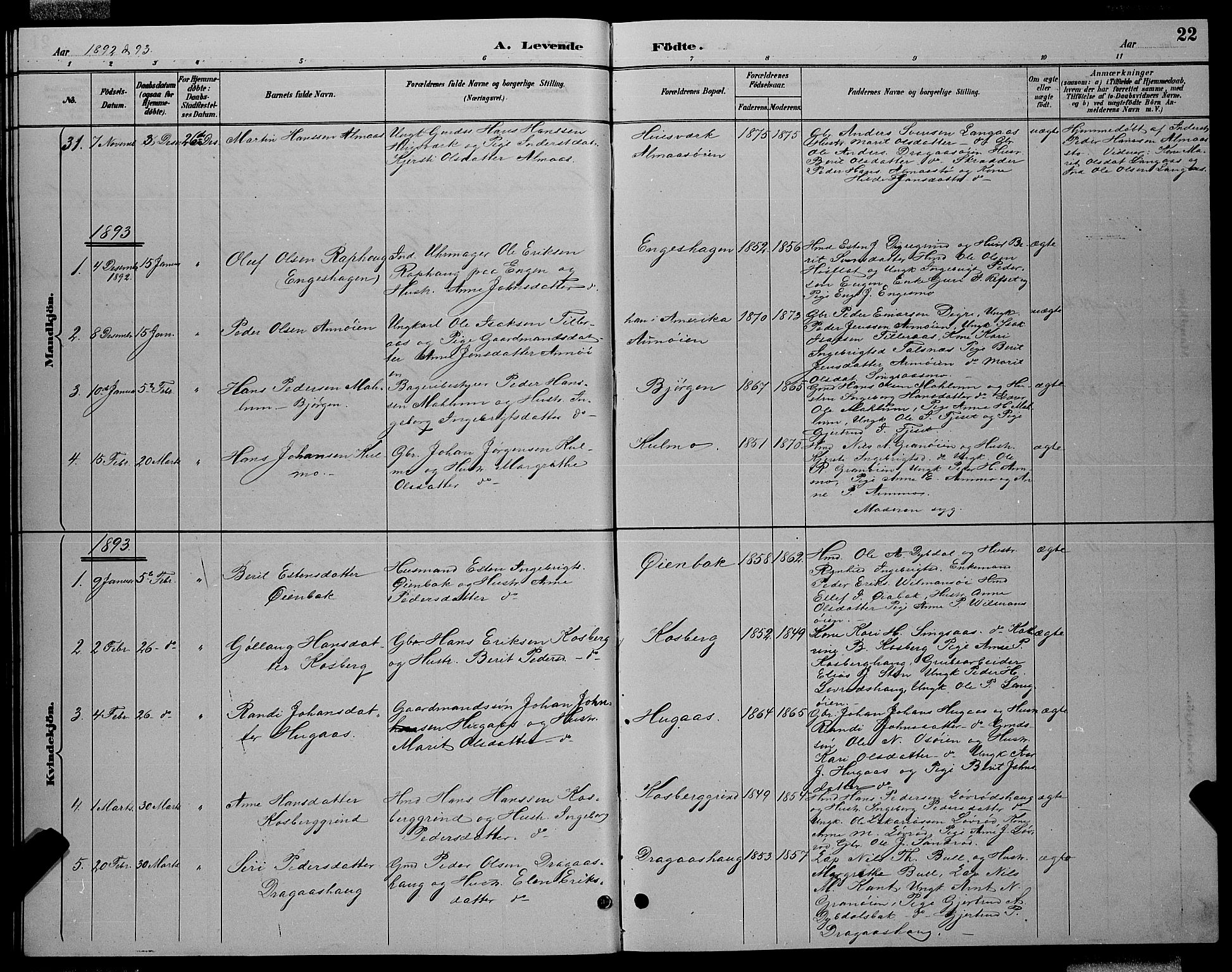 Ministerialprotokoller, klokkerbøker og fødselsregistre - Sør-Trøndelag, AV/SAT-A-1456/688/L1028: Parish register (copy) no. 688C03, 1889-1899, p. 22