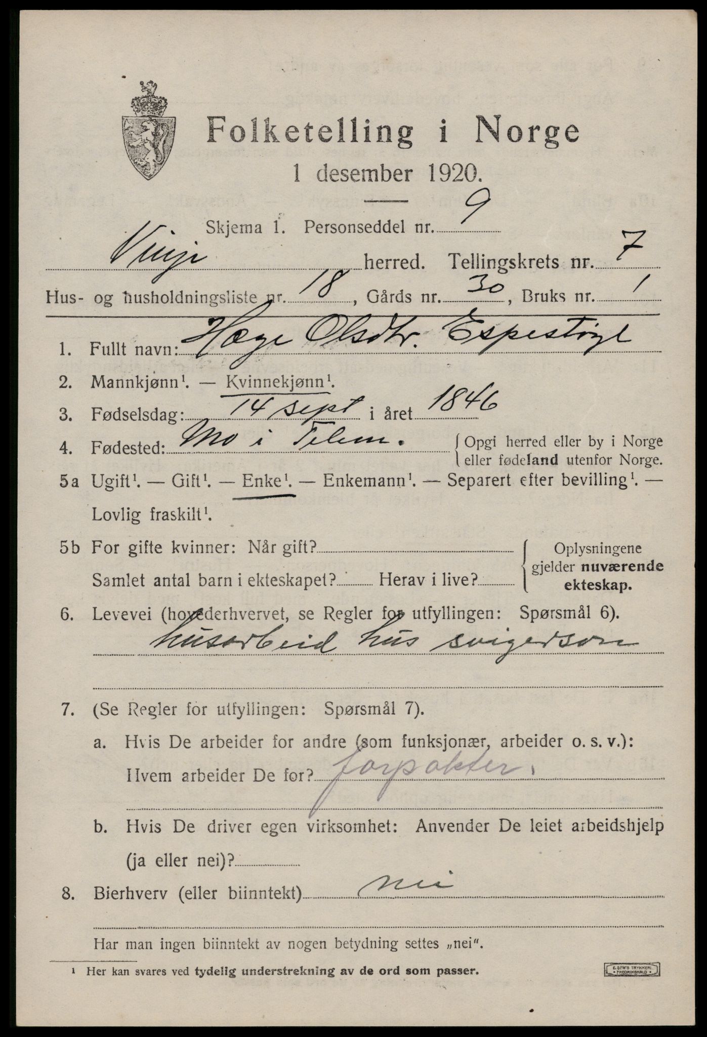 SAKO, 1920 census for Vinje, 1920, p. 2193