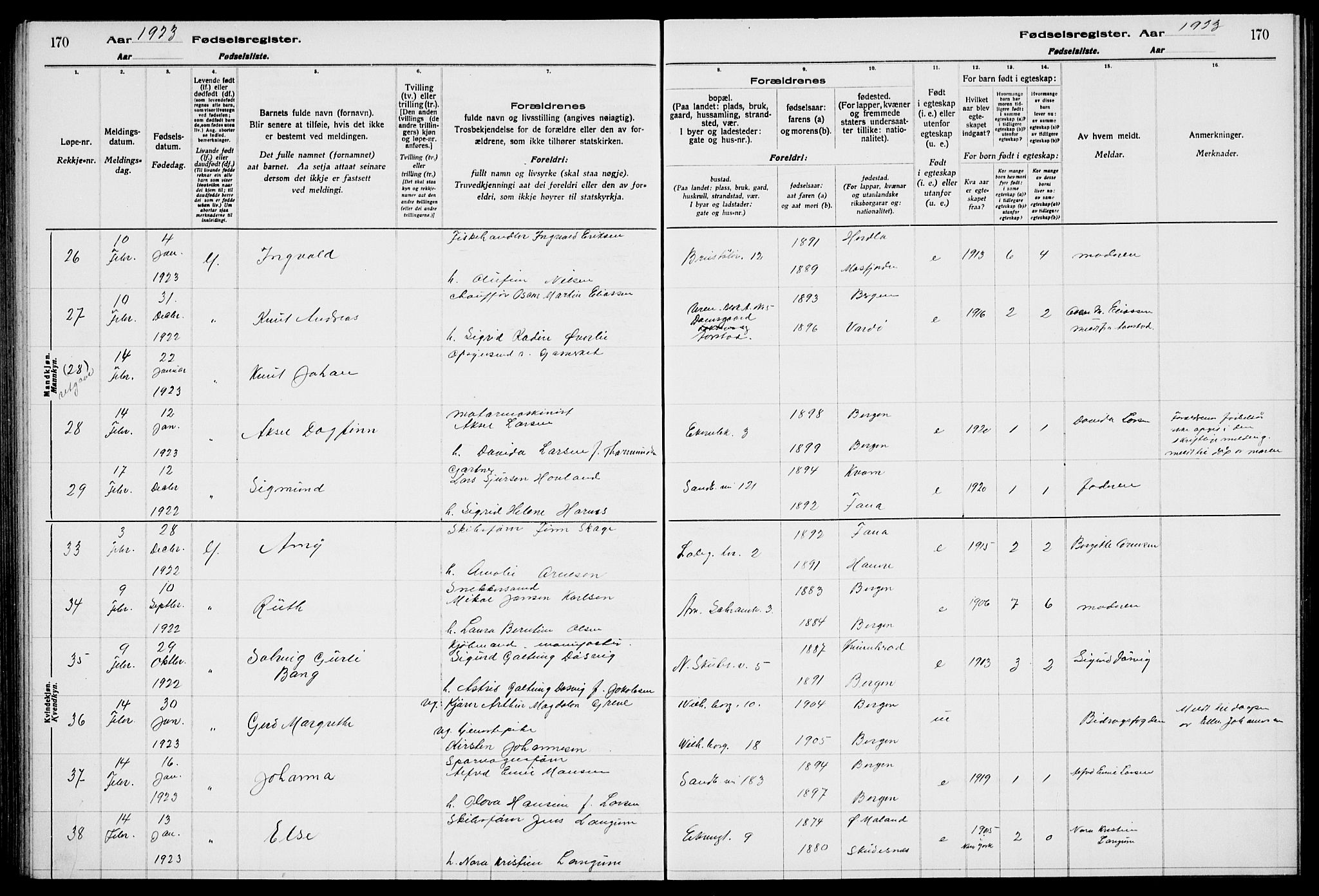 Sandviken Sokneprestembete, AV/SAB-A-77601/I/Ib/L00A2: Birth register no. A 2, 1920-1923, p. 170