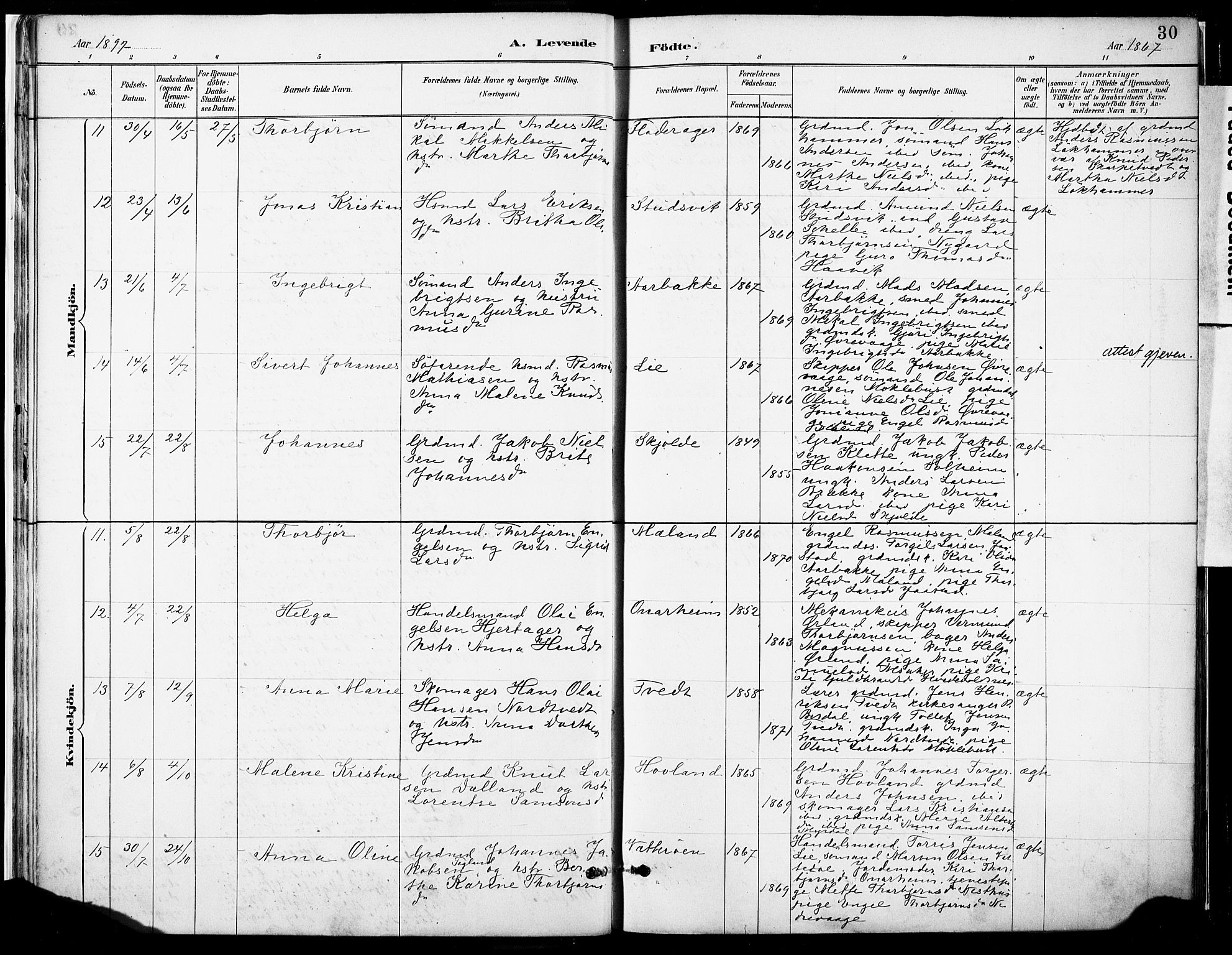 Tysnes sokneprestembete, SAB/A-78601/H/Haa: Parish register (official) no. C 1, 1887-1912, p. 30