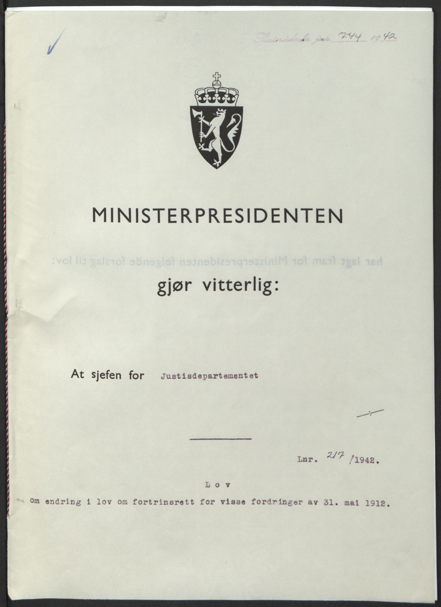 NS-administrasjonen 1940-1945 (Statsrådsekretariatet, de kommisariske statsråder mm), RA/S-4279/D/Db/L0098: Lover II, 1942, p. 504