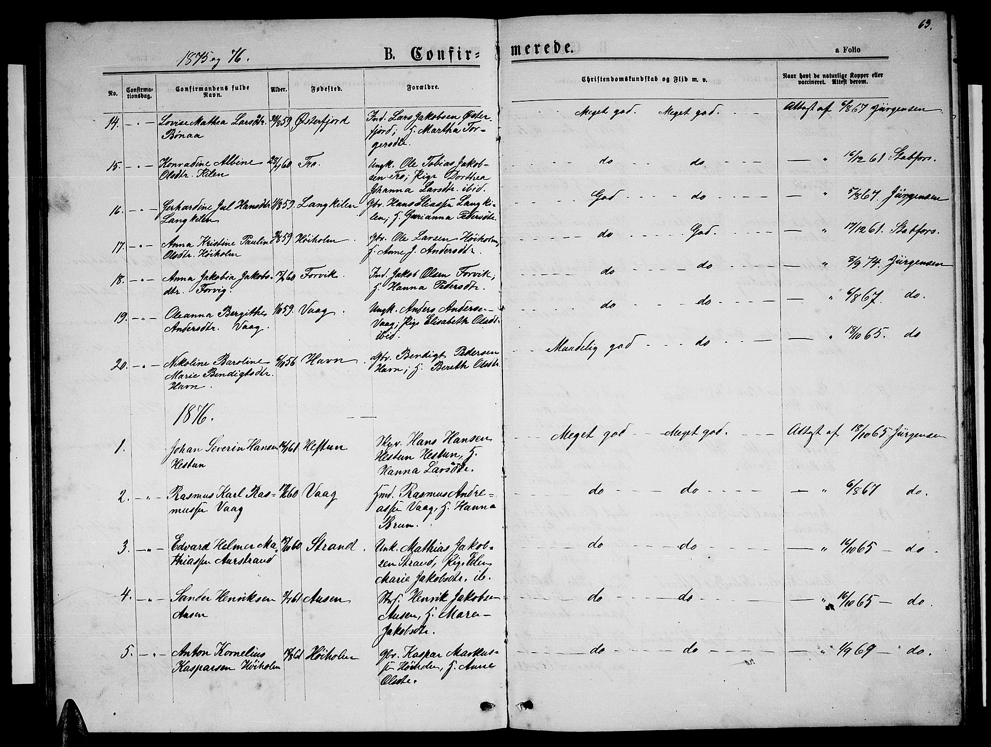 Ministerialprotokoller, klokkerbøker og fødselsregistre - Nordland, AV/SAT-A-1459/819/L0276: Parish register (copy) no. 819C02, 1869-1887, p. 63