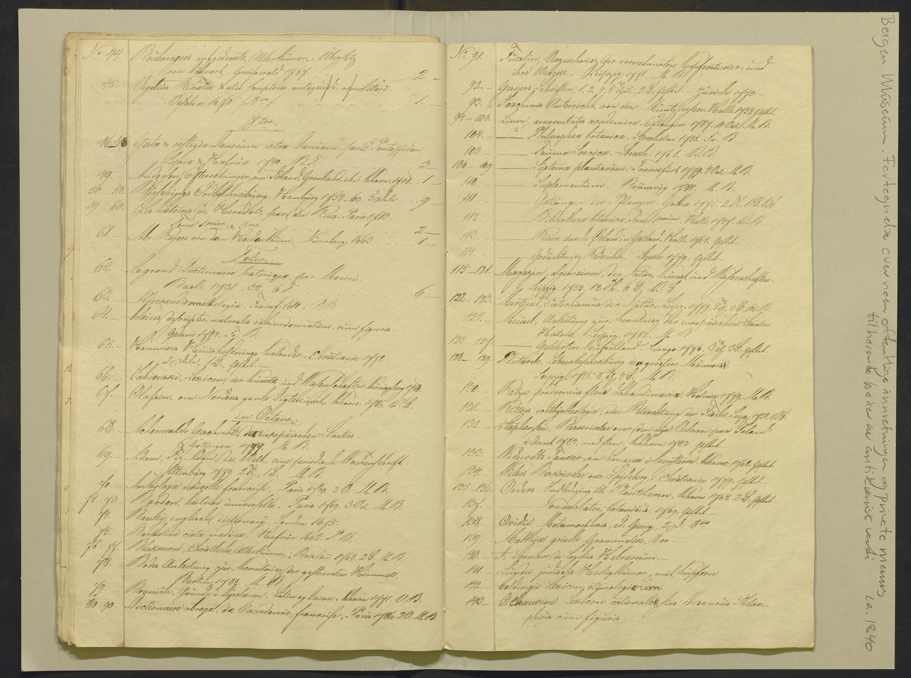 Bergens Museum, AV/SAB-A-17301/02/F/L0001: Kataloger over gjenstander og pergamentbrev , 1825-1880, p. 210