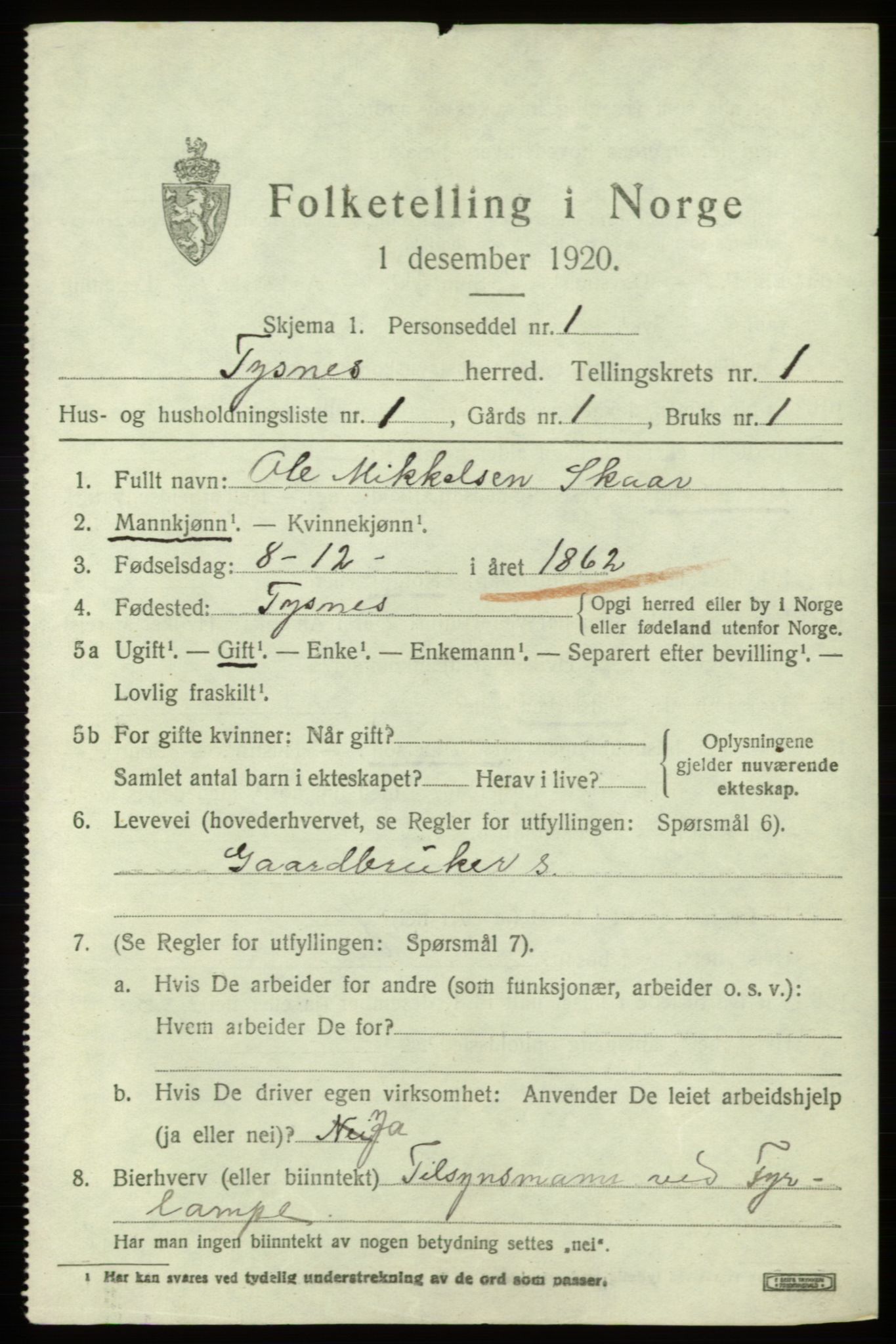 SAB, 1920 census for Tysnes, 1920, p. 1646