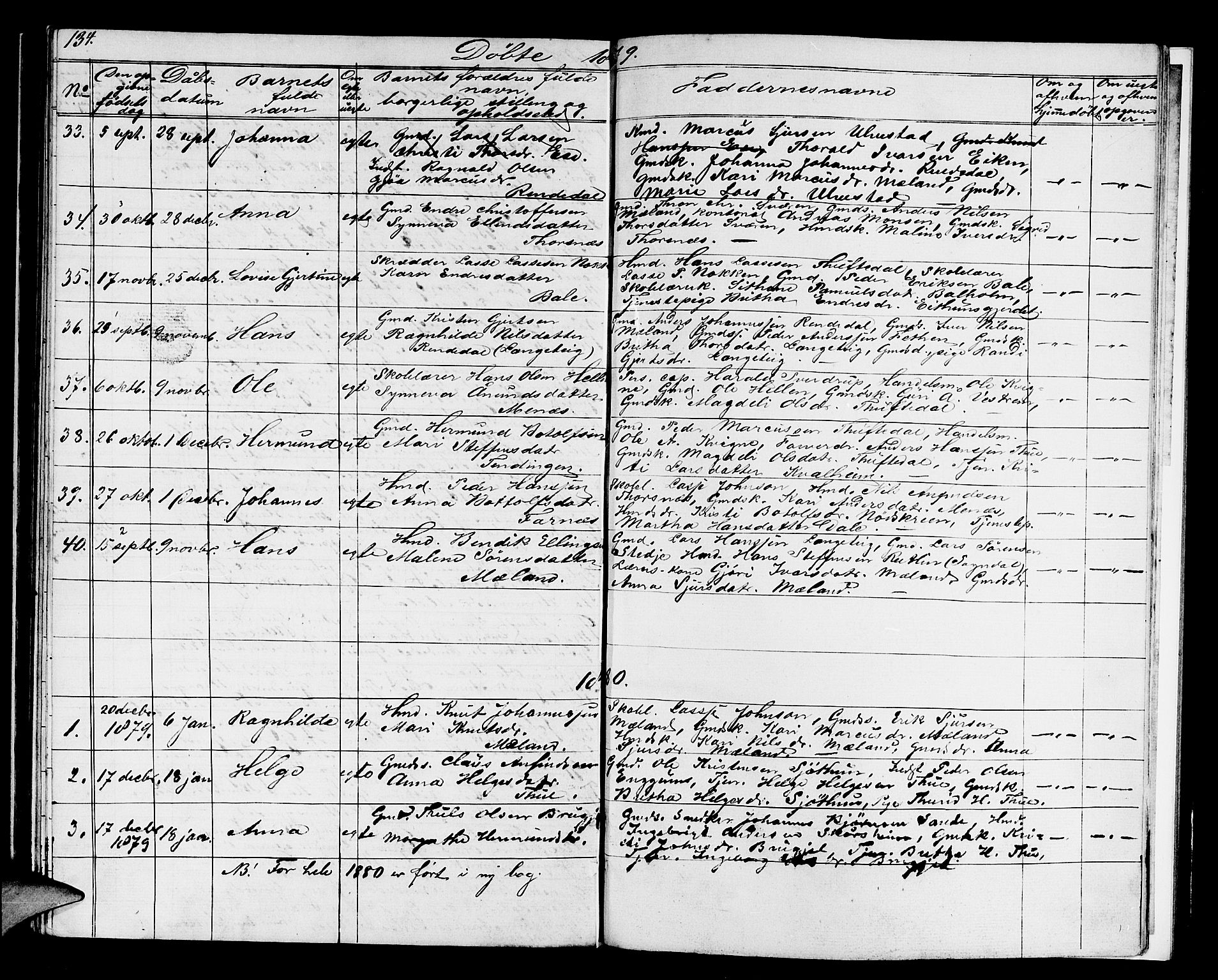 Balestrand sokneprestembete, SAB/A-79601/H/Hab/Haba/L0001: Parish register (copy) no. A 1, 1853-1880, p. 134