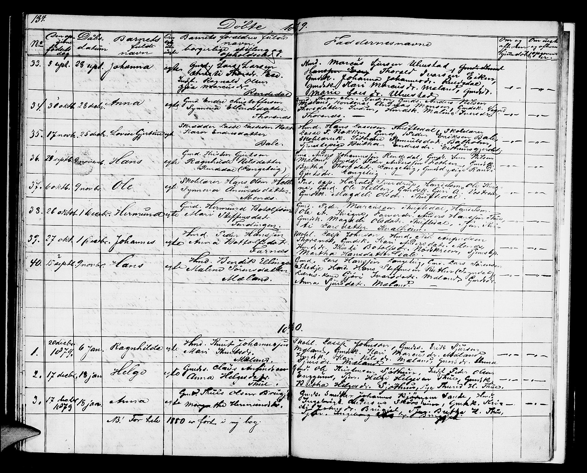 Balestrand sokneprestembete, AV/SAB-A-79601/H/Hab/Haba/L0001: Parish register (copy) no. A 1, 1853-1880, p. 134