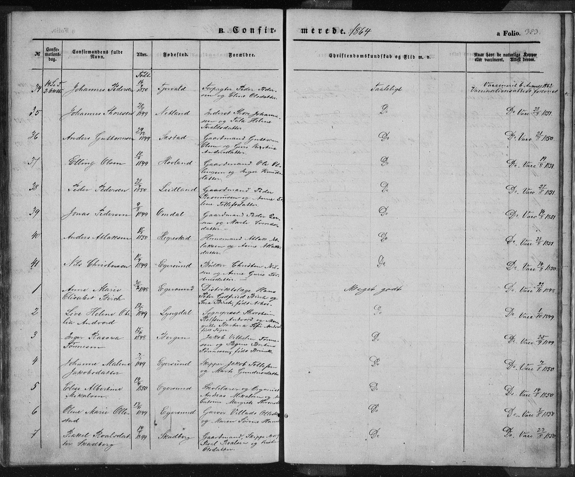 Eigersund sokneprestkontor, AV/SAST-A-101807/S08/L0012: Parish register (official) no. A 12.1, 1850-1865, p. 323