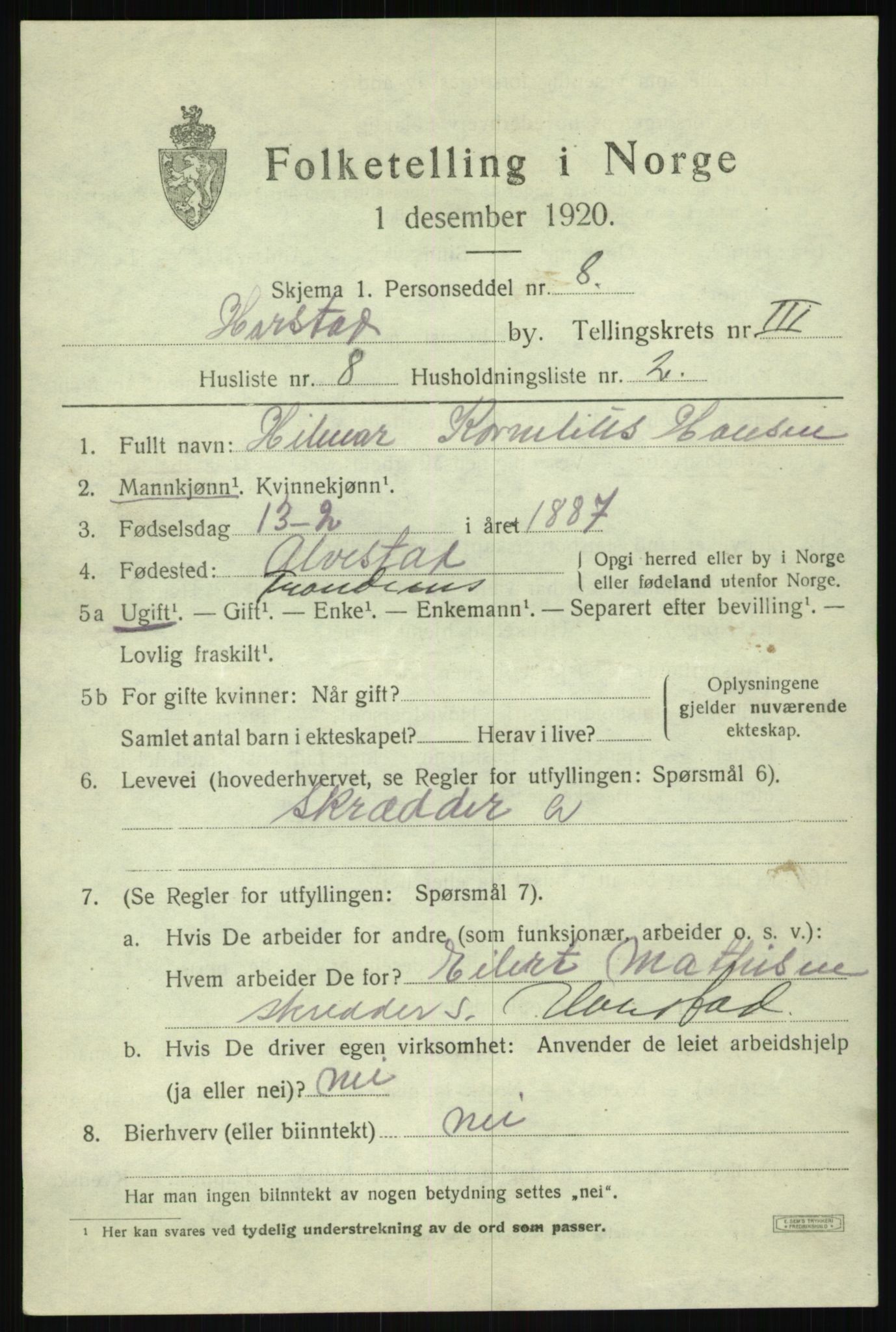 SATØ, 1920 census for Harstad, 1920, p. 4316