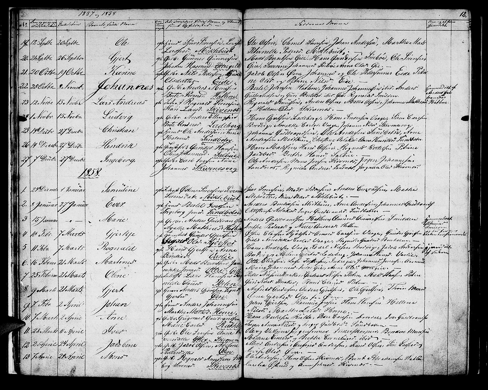 Hyllestad sokneprestembete, SAB/A-80401: Parish register (copy) no. C 1, 1853-1873, p. 12