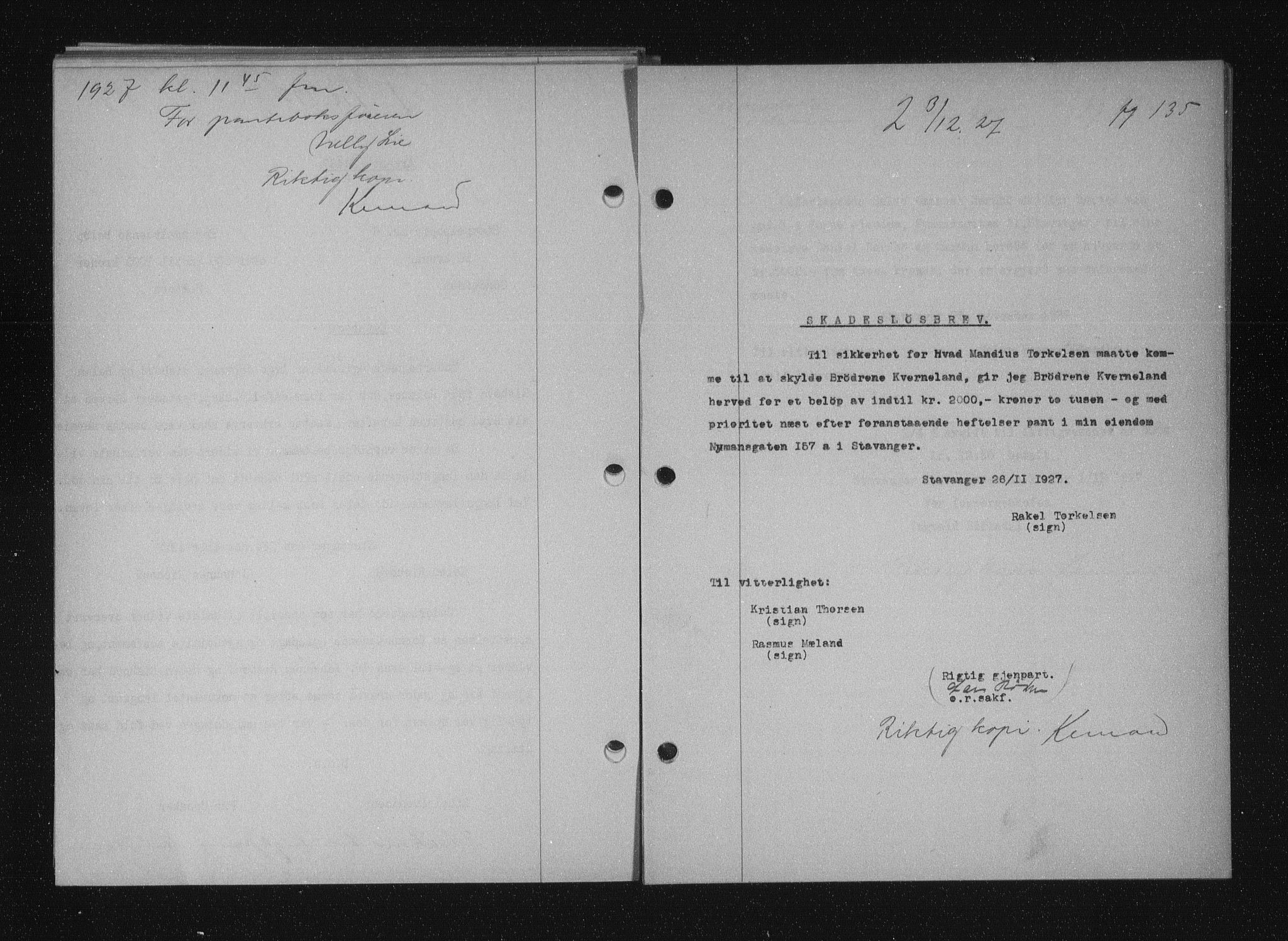 Stavanger byfogd, SAST/A-101408/001/4/41/410/410BB/L0053: Mortgage book no. 41, 1927-1928, Deed date: 03.12.1927