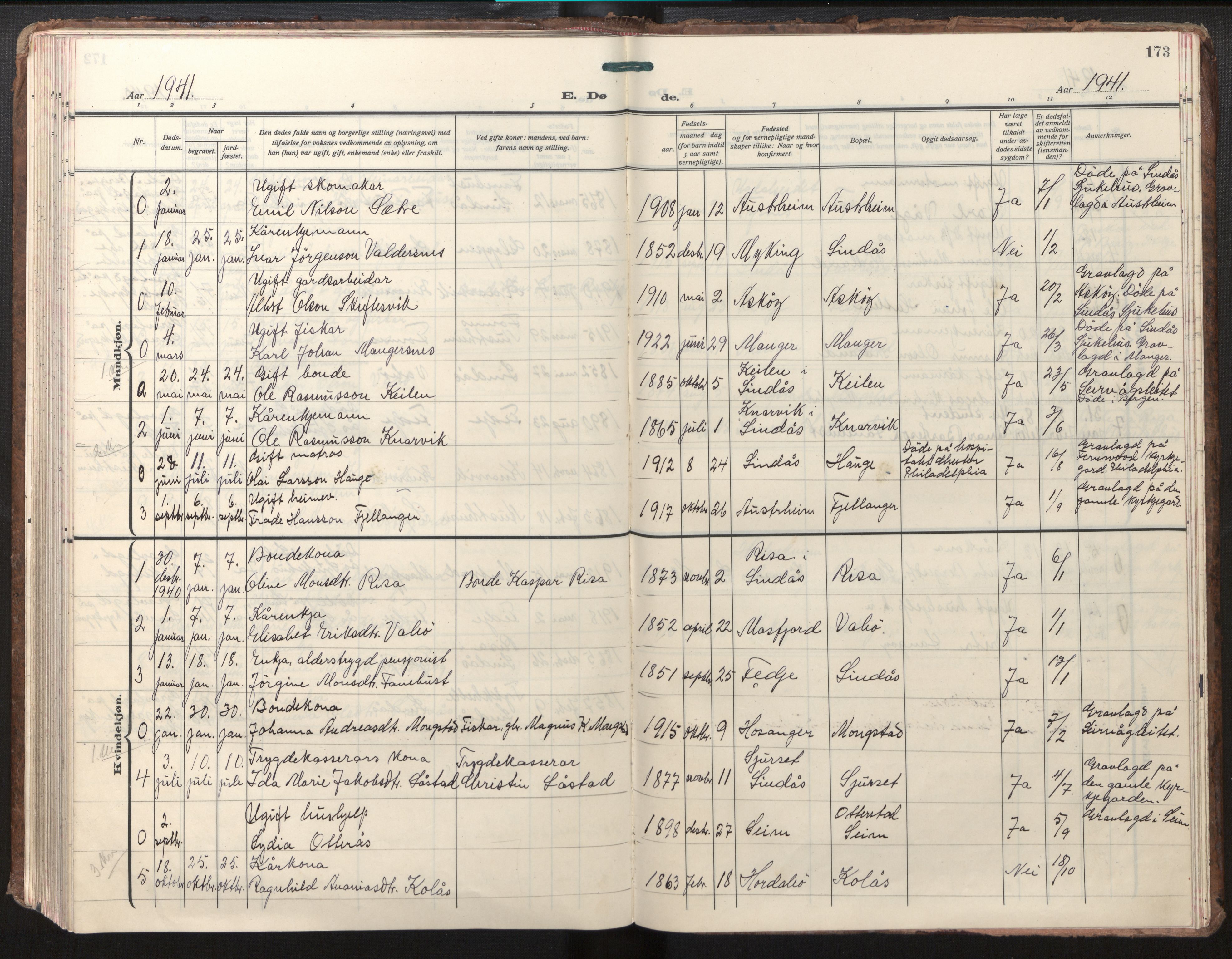 Lindås Sokneprestembete, AV/SAB-A-76701/H/Haa/Haab/L0004: Parish register (official) no. B 4, 1929-1948, p. 173